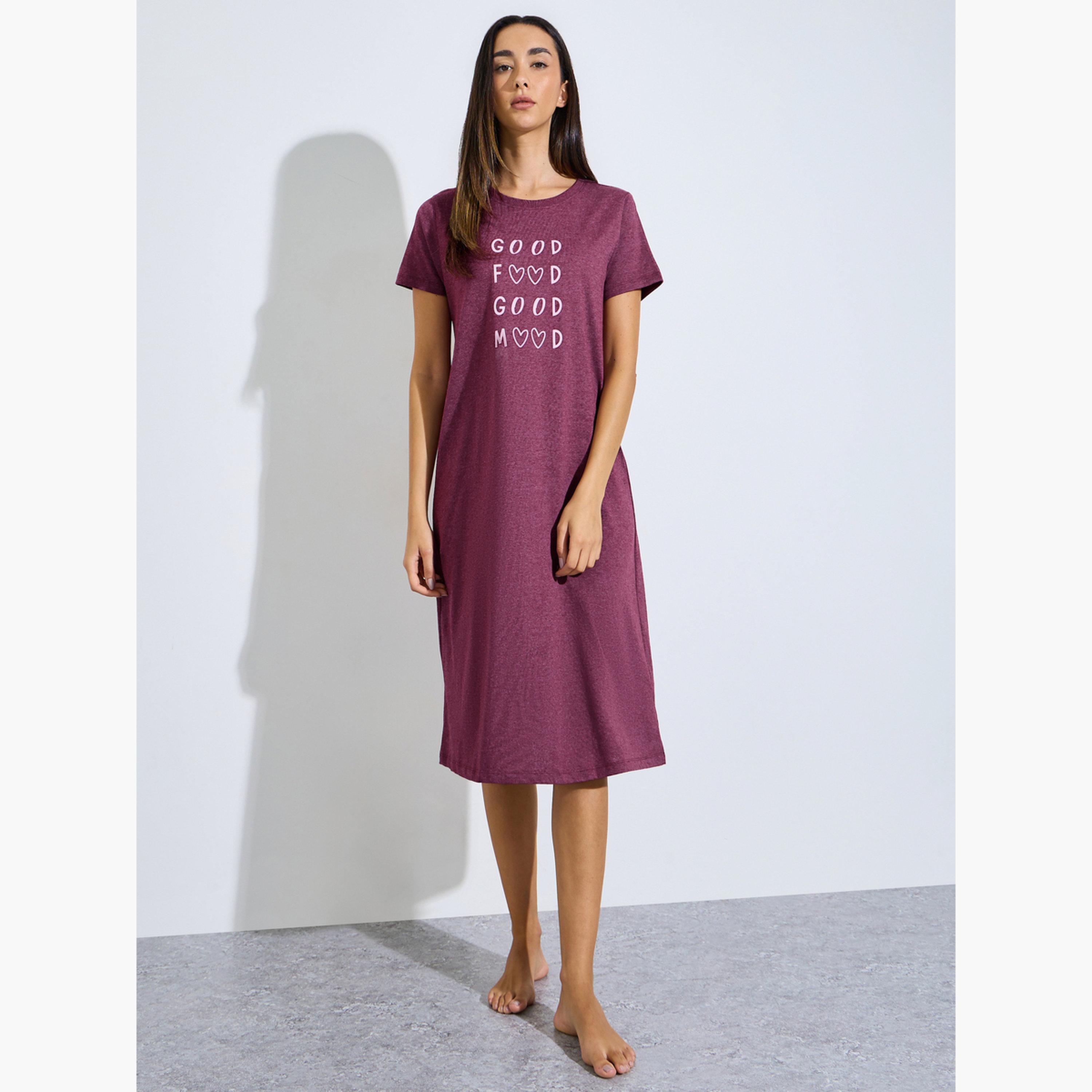 Styli Pack of 2 - Text Print Striped Print Cotton Blend Sleep T-Shirt-women-clothing-nightwear-nighties-image-4