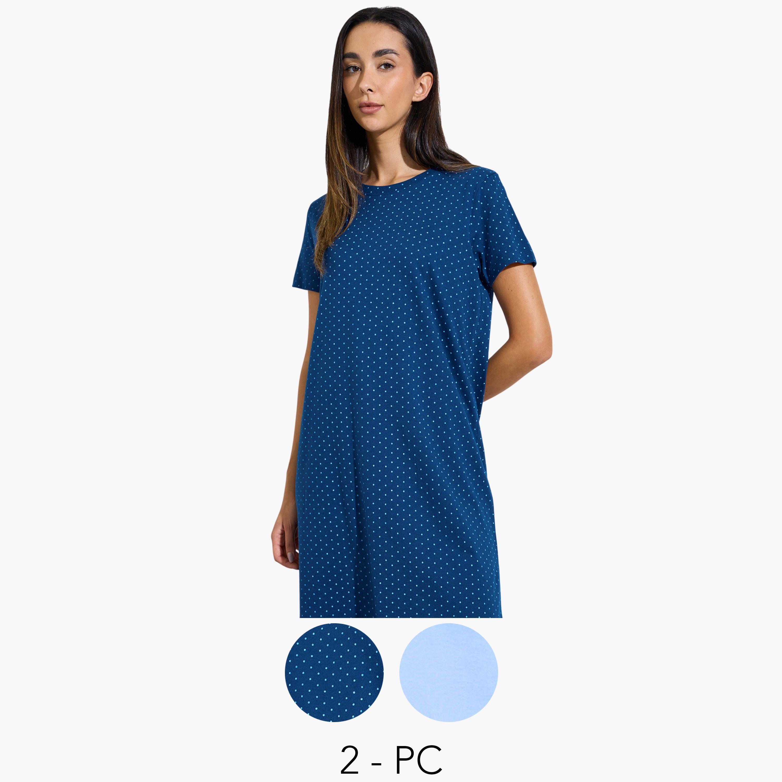 Styli Pack of 2 - Polka Dot & Lemon Print Cotton Blend Sleep T-Shirt-women-clothing-nightwear-nighties-image-1