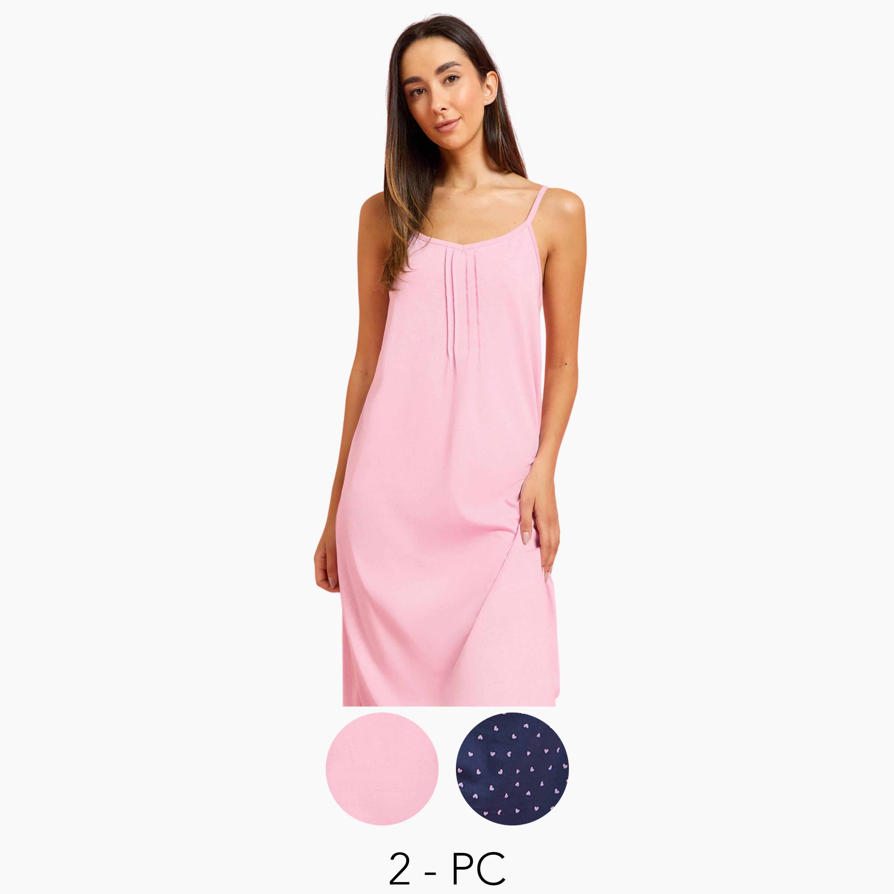 Styli Pack of 2 - Solid & Heart Print Cotton Blend Sleep T-Shirt-women-clothing-nightwear-nighties-image-1