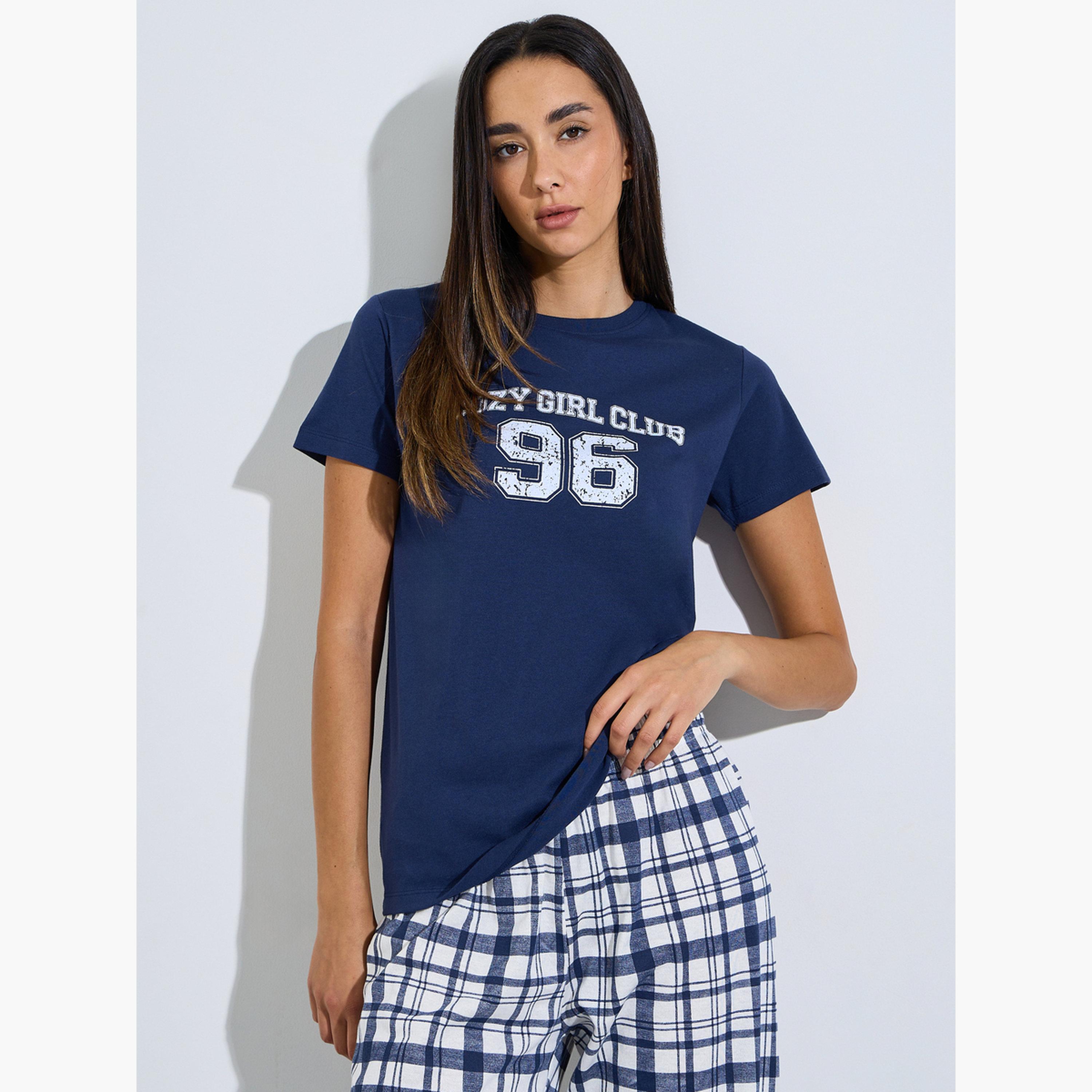 ستايلي - طقم تيشيرت بيجاما بنقشة مربعات من نادي كوزي جيرل باللون الأزرق البحري-women-clothing-nightwear-pyjamas-longsets-image-3