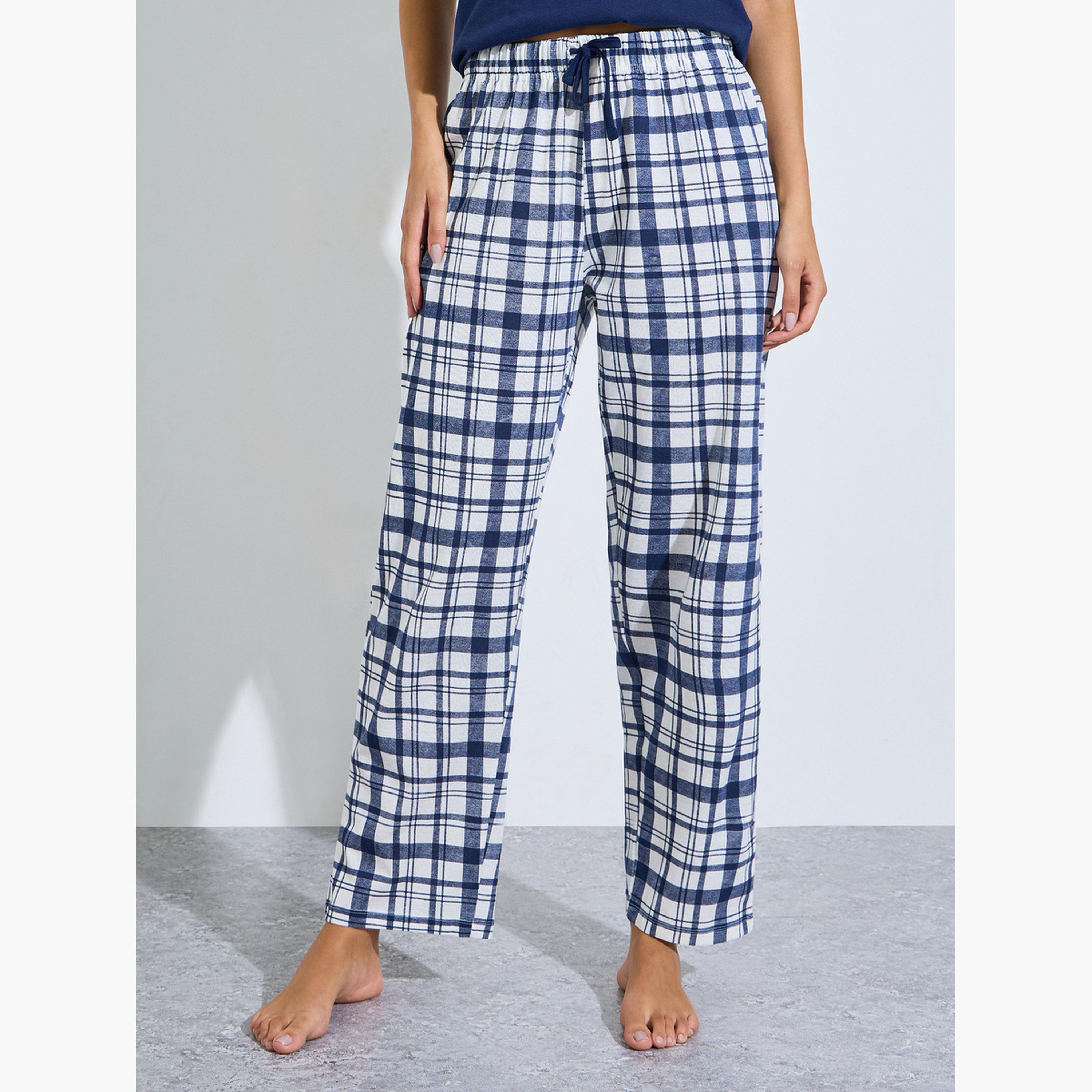 ستايلي - طقم تيشيرت بيجاما بنقشة مربعات من نادي كوزي جيرل باللون الأزرق البحري-women-clothing-nightwear-pyjamas-longsets-image-5