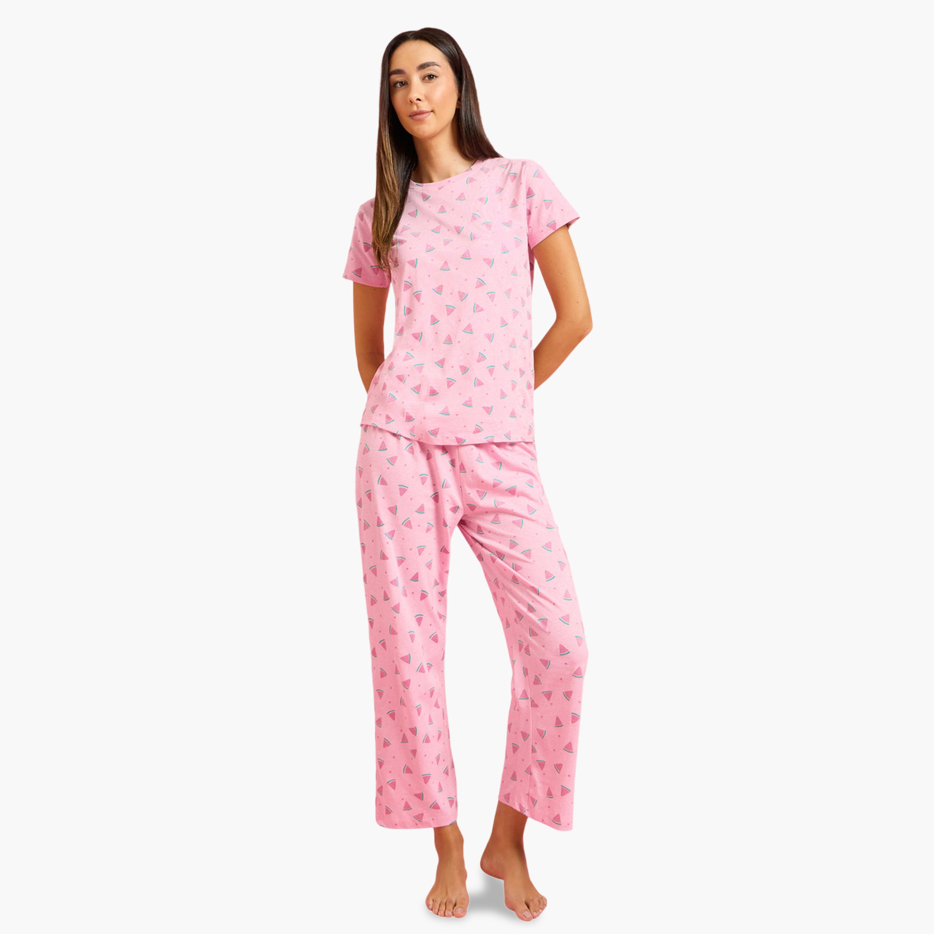 ستايلي - طقم تي شيرت وبيجامة بطبعة بطيخ وردي-women-clothing-nightwear-pyjamas-longsets-image-1