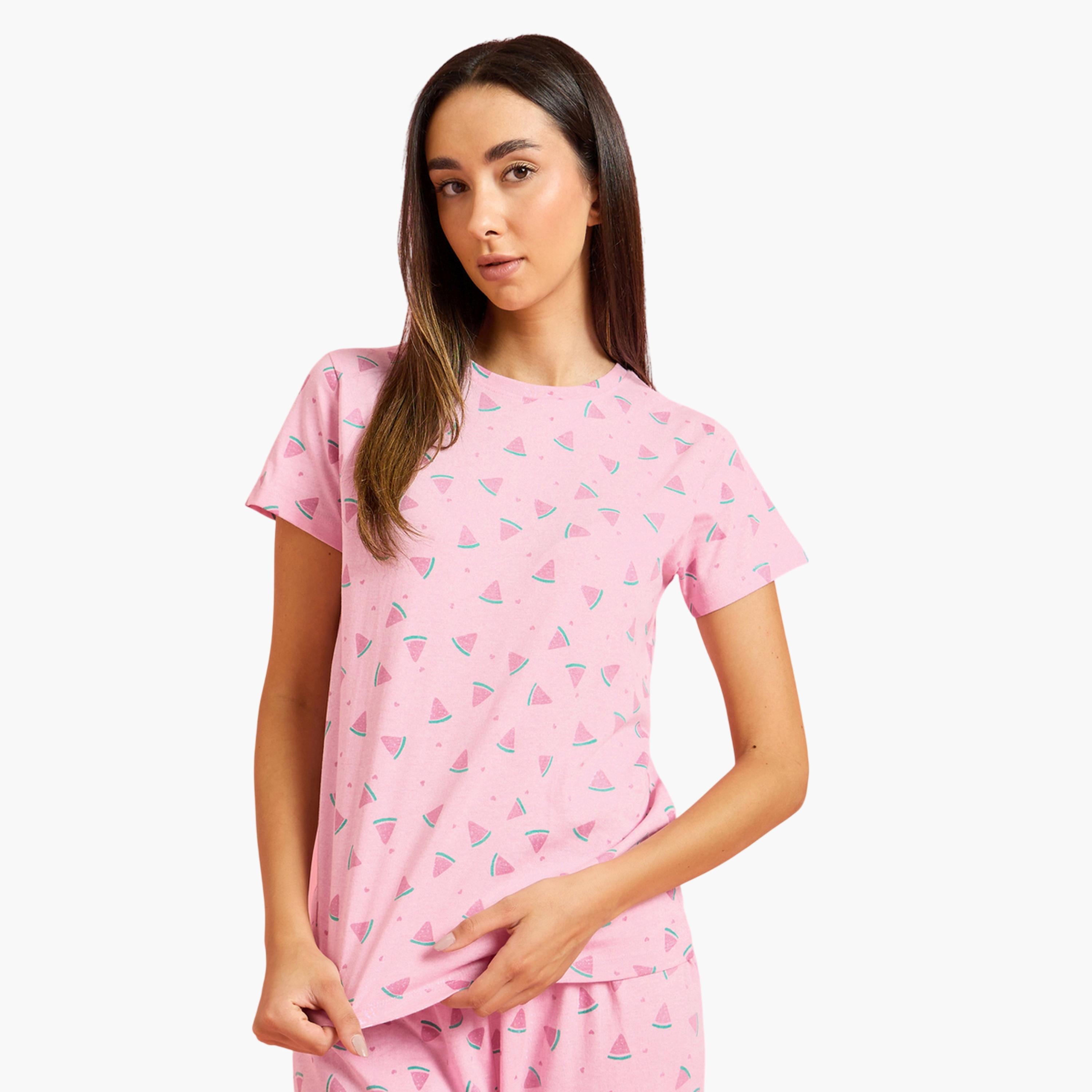 Styli Pink Watermelon Print T-Shirt and Pyjama Set-women-clothing-nightwear-pyjamas-longsets-image-2