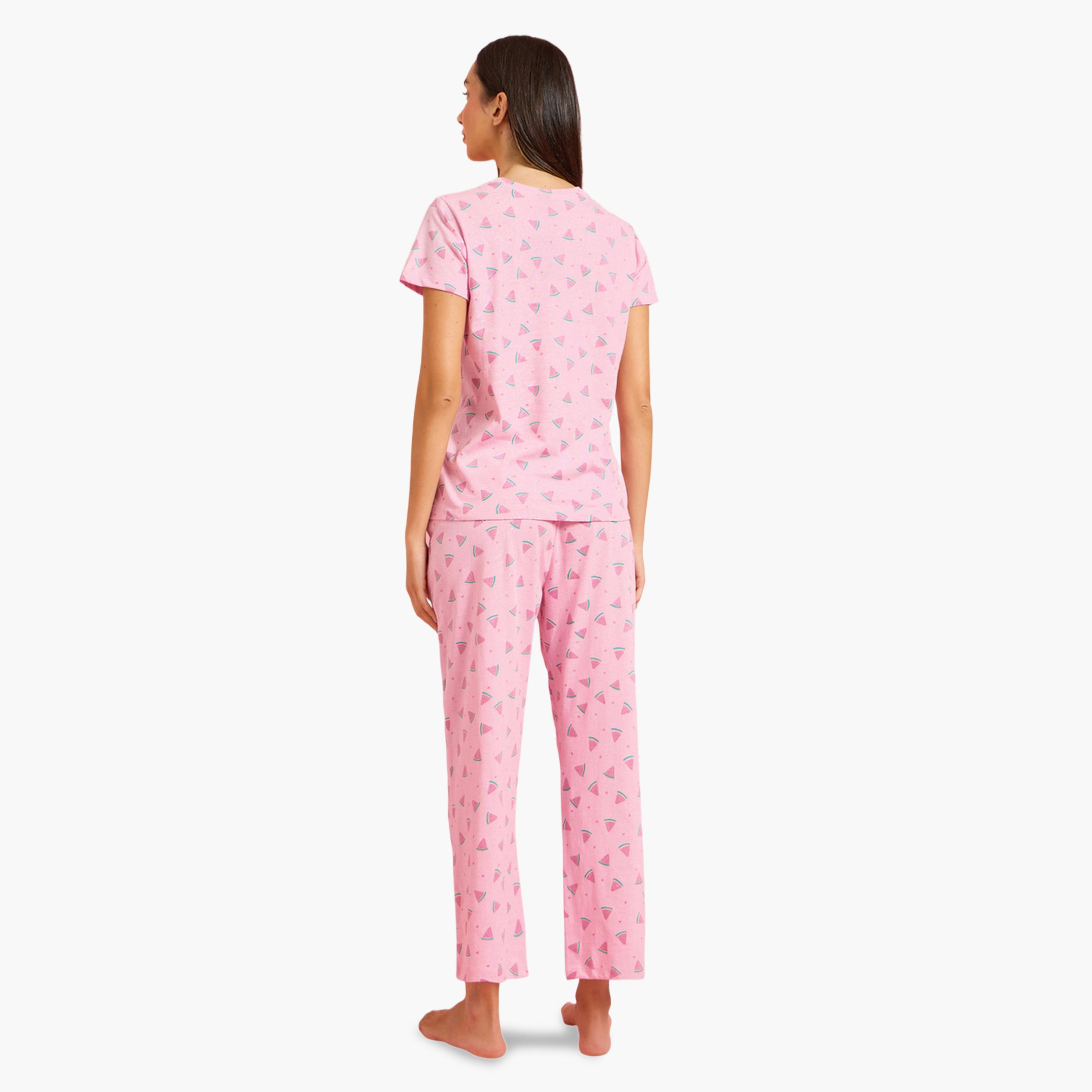 ستايلي - طقم تي شيرت وبيجامة بطبعة بطيخ وردي-women-clothing-nightwear-pyjamas-longsets-image-3