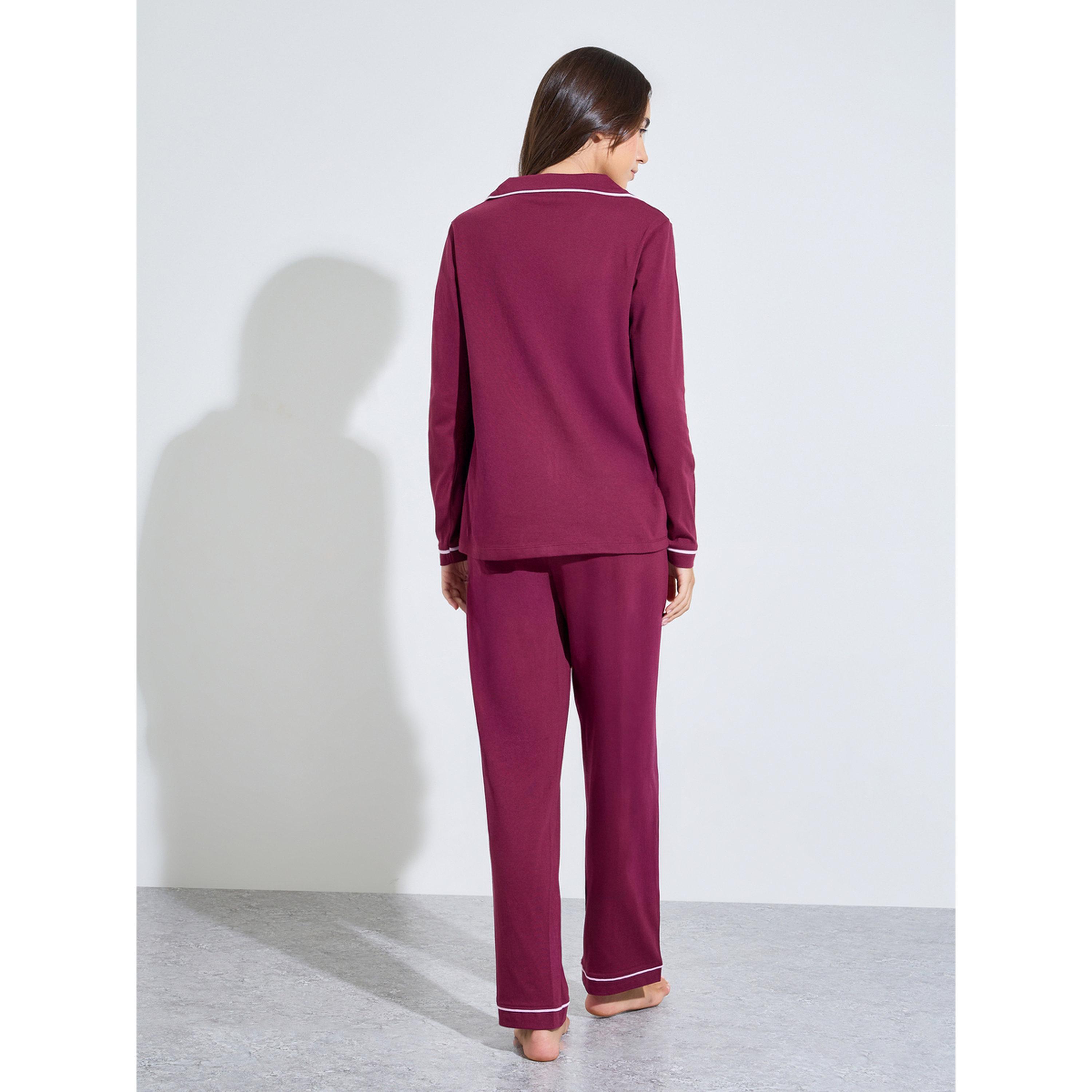 طقم بيجاما وقميص بحواف متناسقة وطبعة فيونكة-women-clothing-nightwear-pyjamas-longsets-image-3