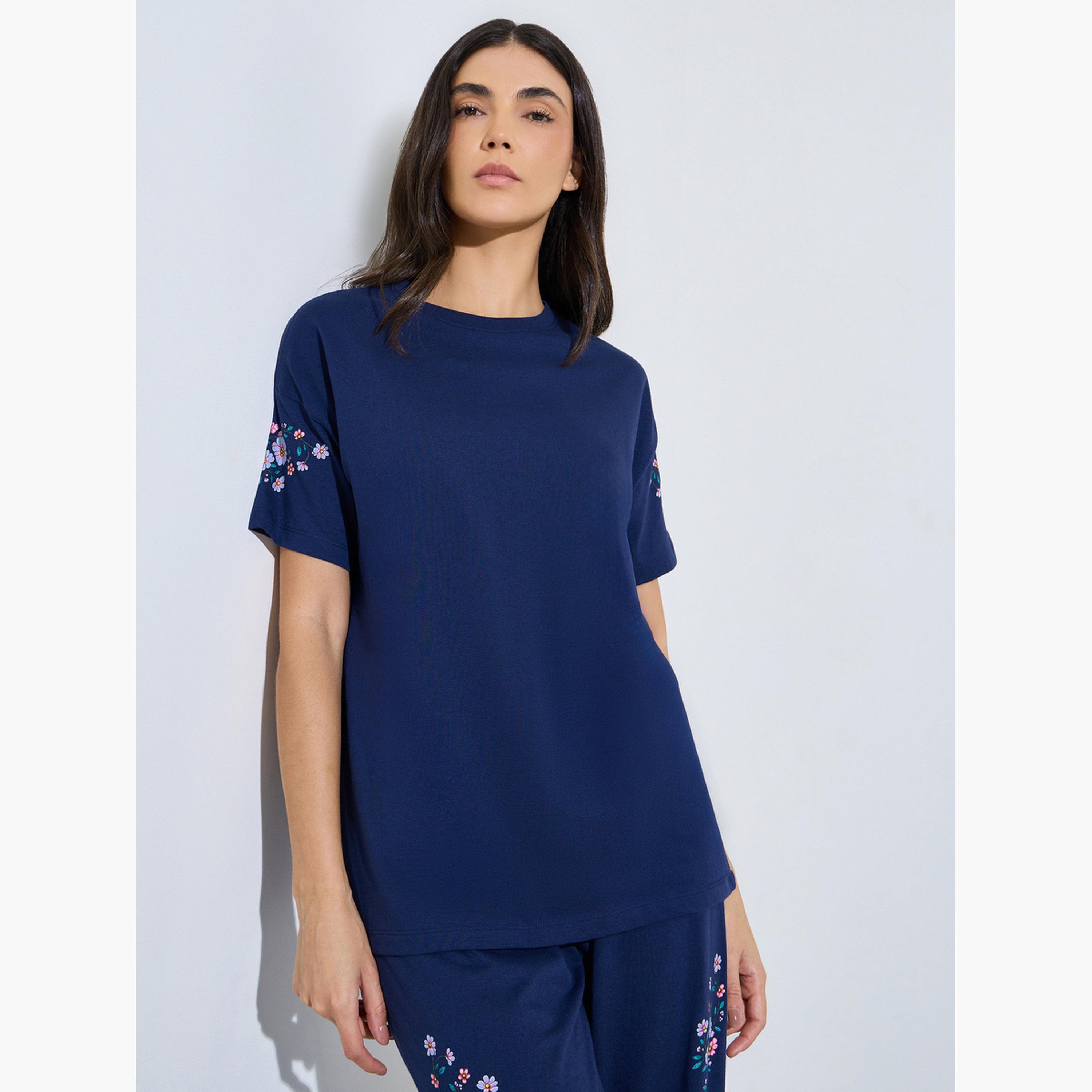 Styli Navy Blue Floral Print T-Shirt and Pants Pyjama Set-women-clothing-nightwear-pyjamas-longsets-image-2