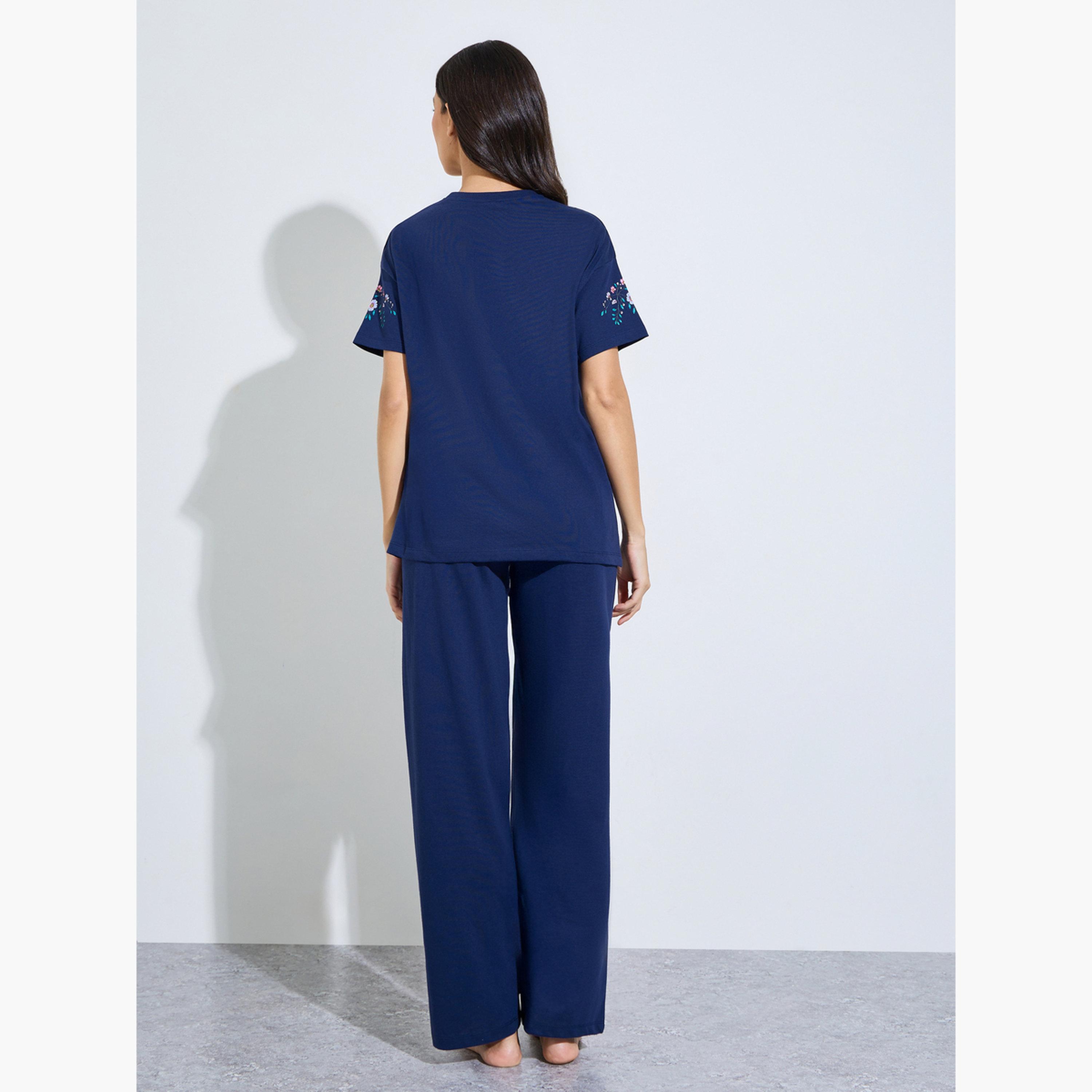 Styli Navy Blue Floral Print T-Shirt and Pants Pyjama Set-women-clothing-nightwear-pyjamas-longsets-image-3