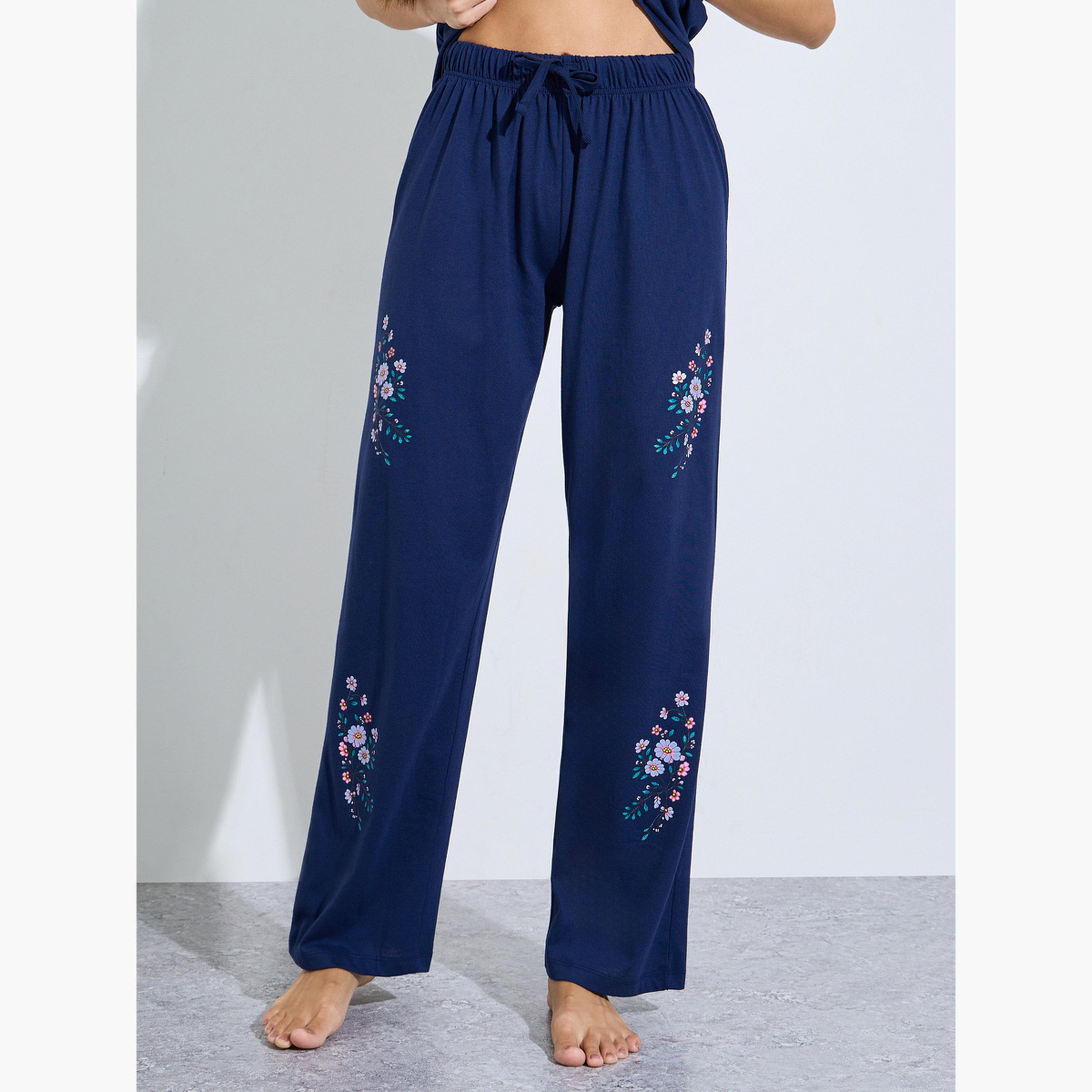 Styli Navy Blue Floral Print T-Shirt and Pants Pyjama Set-women-clothing-nightwear-pyjamas-longsets-image-4