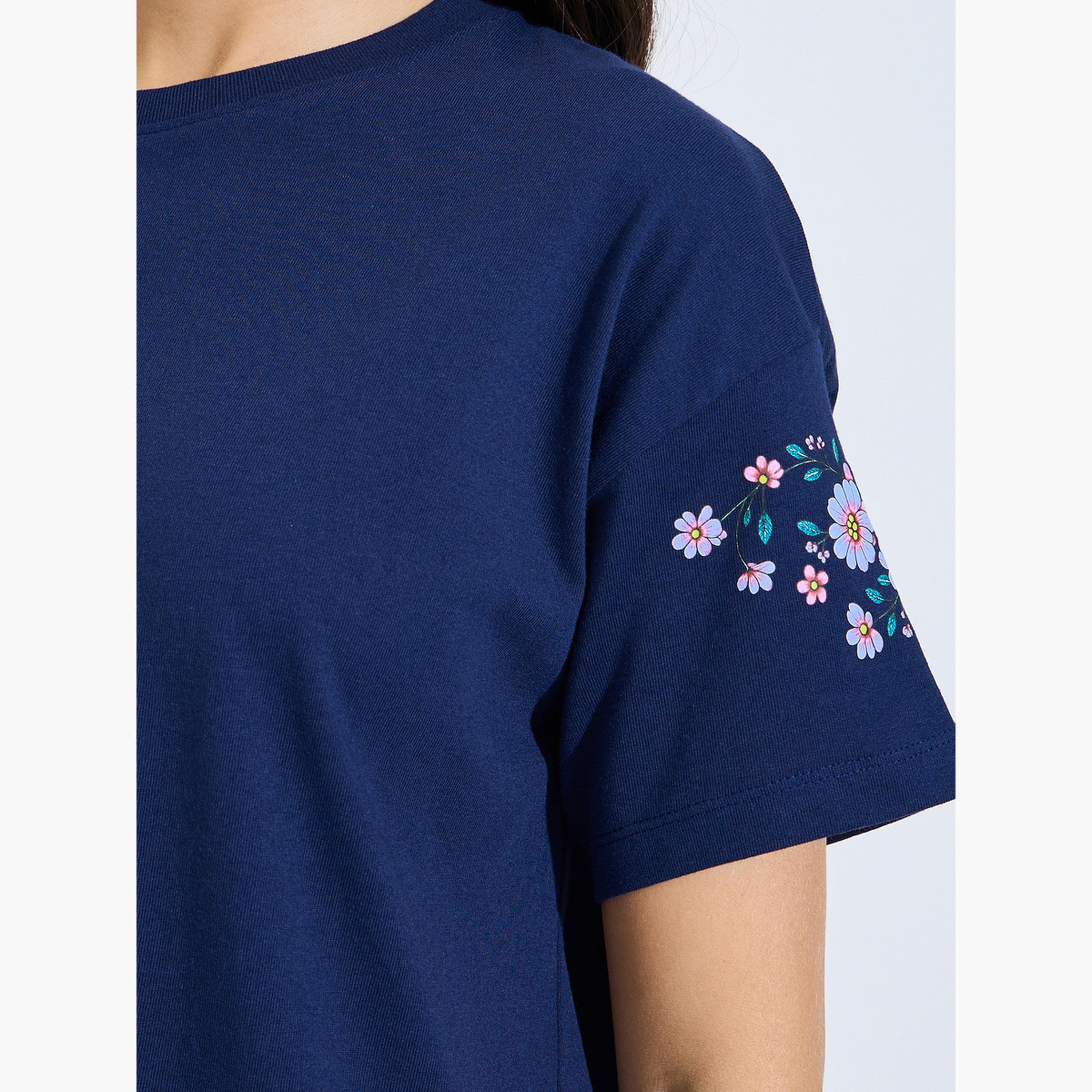 Styli Navy Blue Floral Print T-Shirt and Pants Pyjama Set-women-clothing-nightwear-pyjamas-longsets-image-5