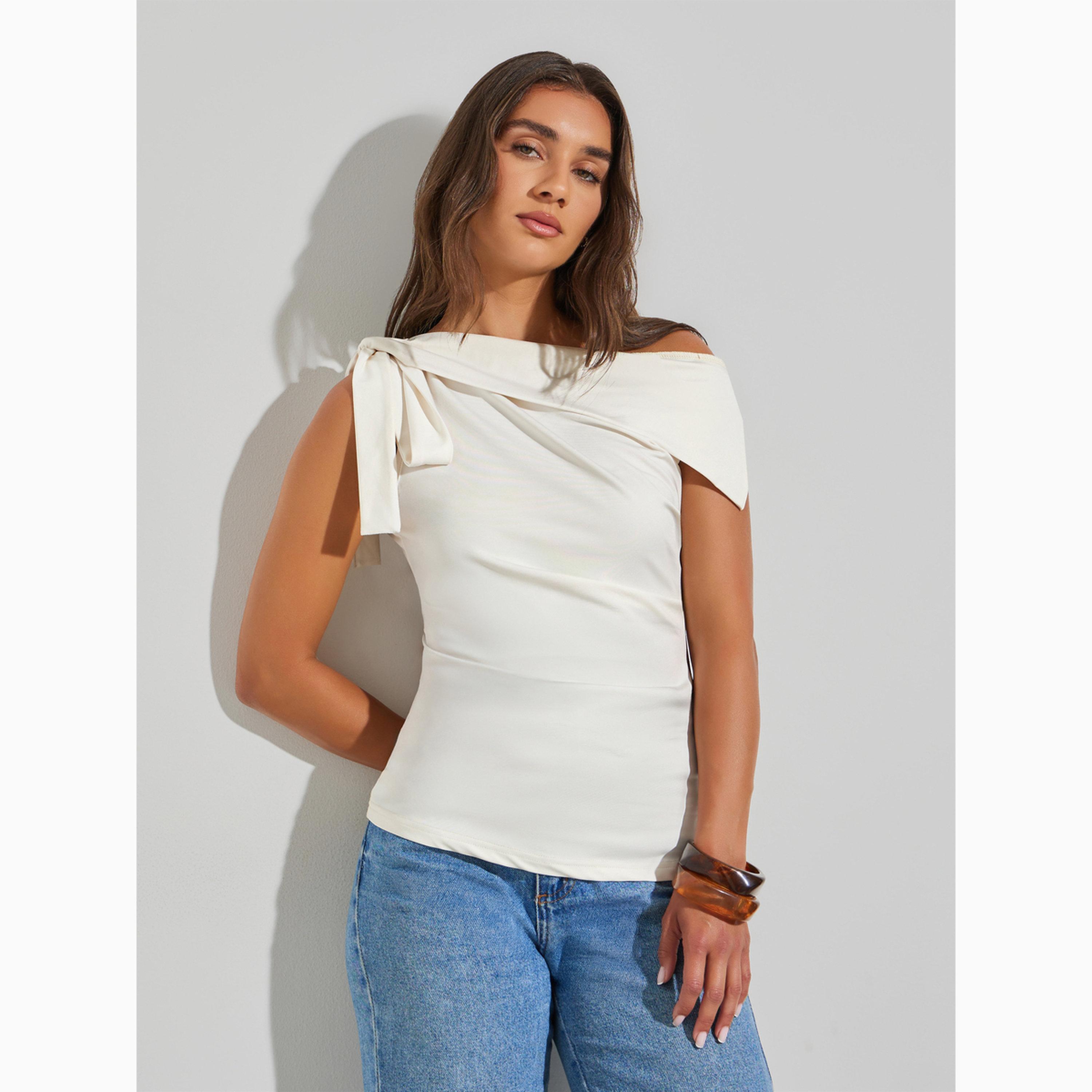 Styli Cream Asymmetric Neck Sleeveless Knit Top-women-clothing-shirtsandblouses-blouses-image-1