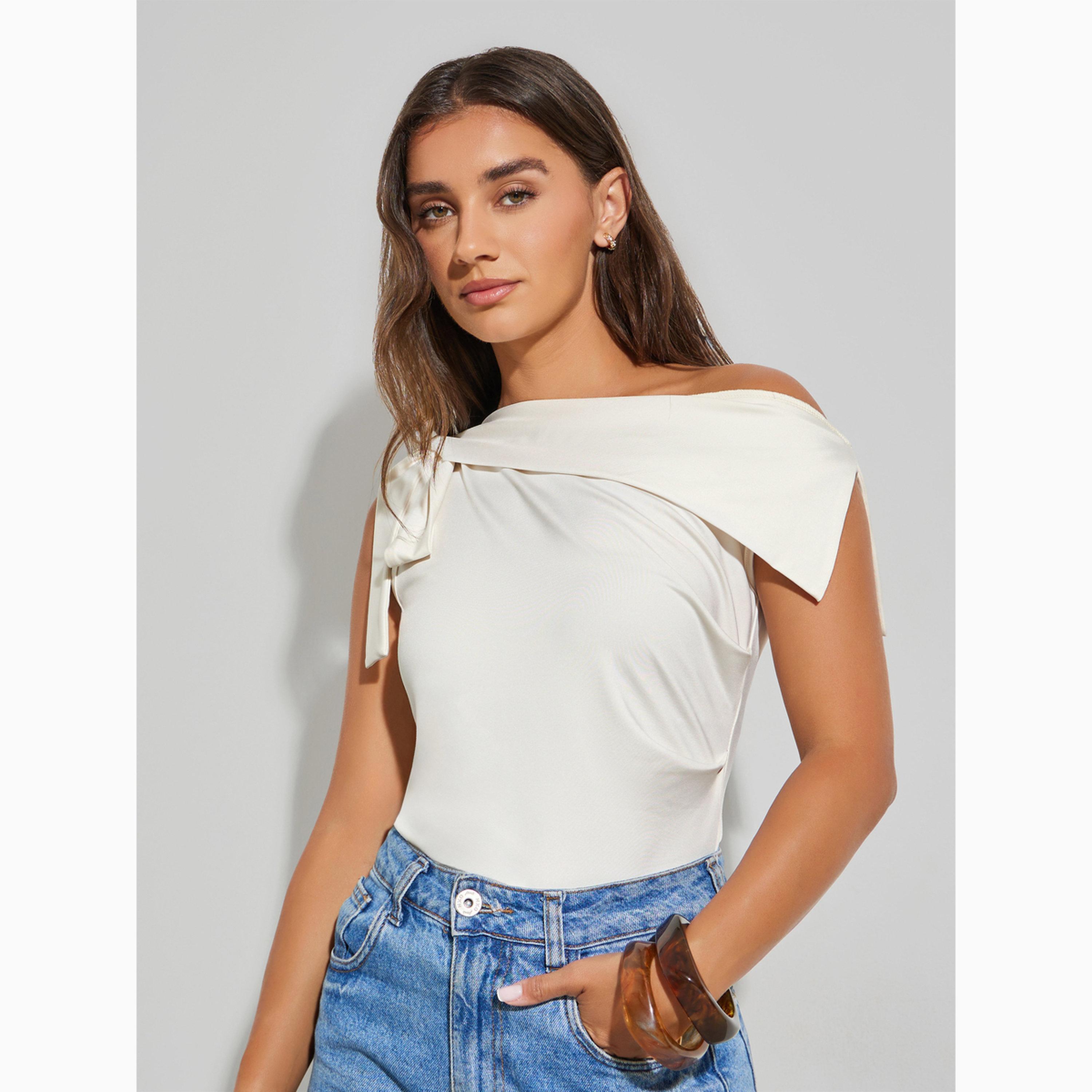 Styli Cream Asymmetric Neck Sleeveless Knit Top-women-clothing-shirtsandblouses-blouses-image-4