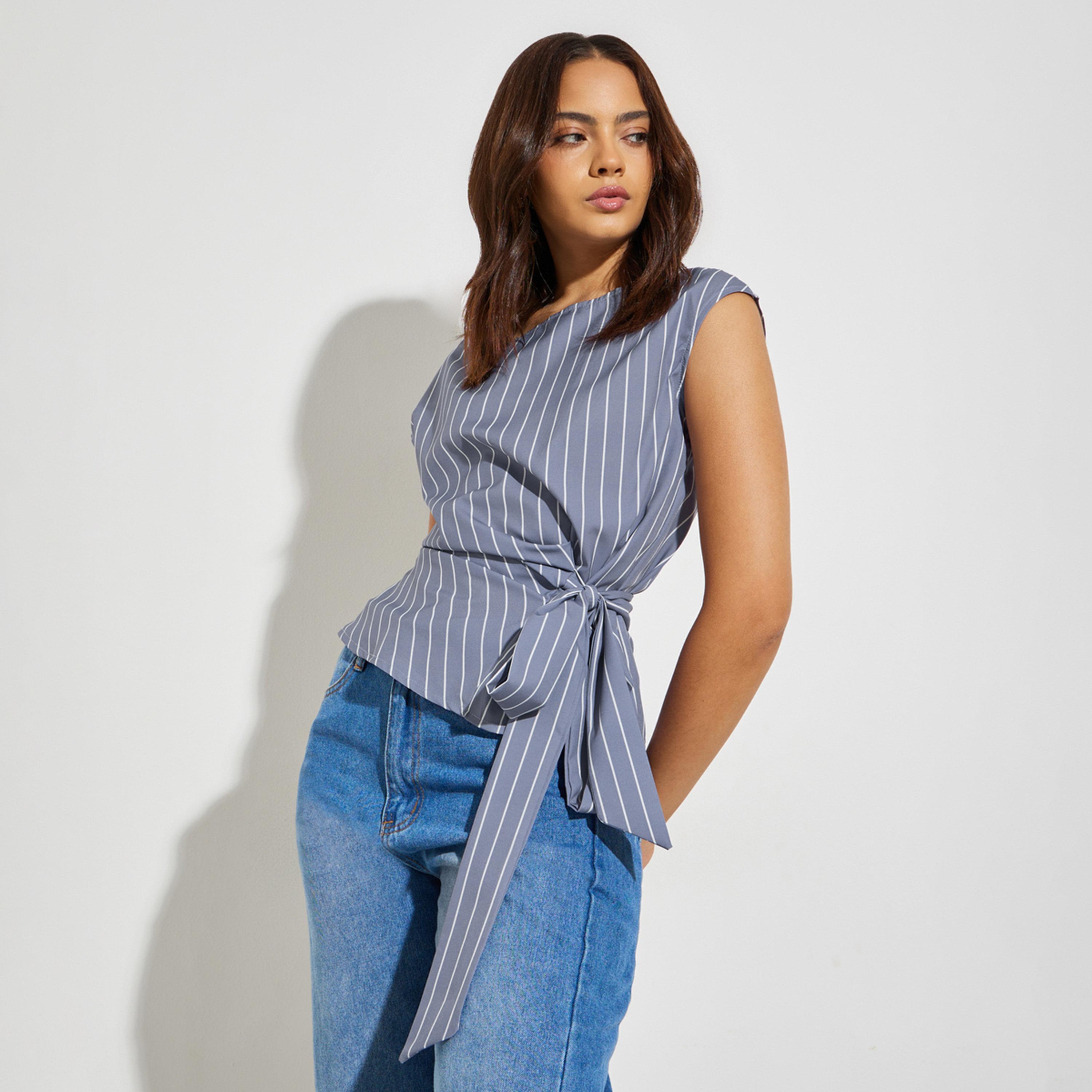 Styli Grey Striped Wrap Top with Tie-Waist-women-clothing-shirtsandblouses-blouses-image-1