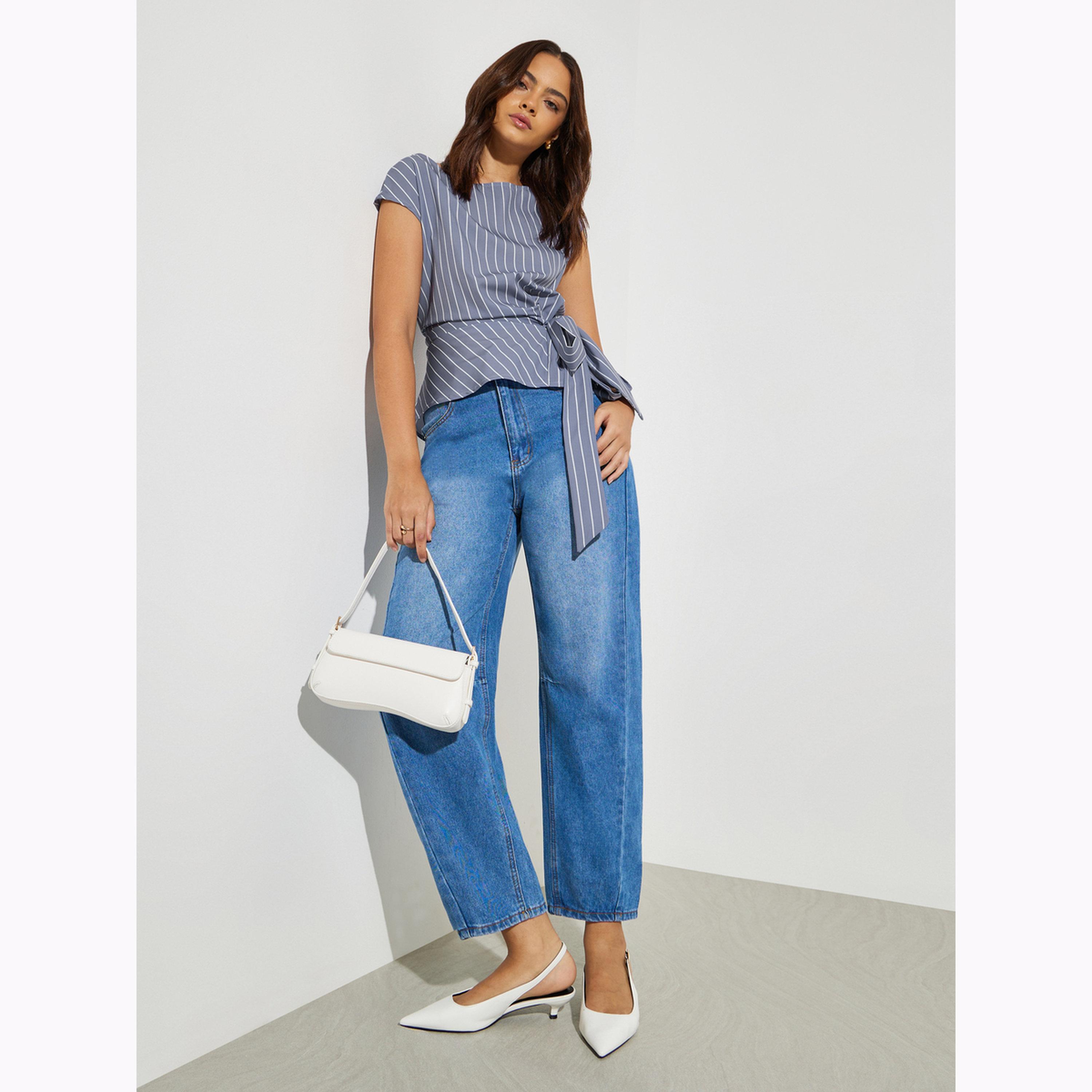 Styli Grey Striped Wrap Top with Tie-Waist-women-clothing-shirtsandblouses-blouses-image-2