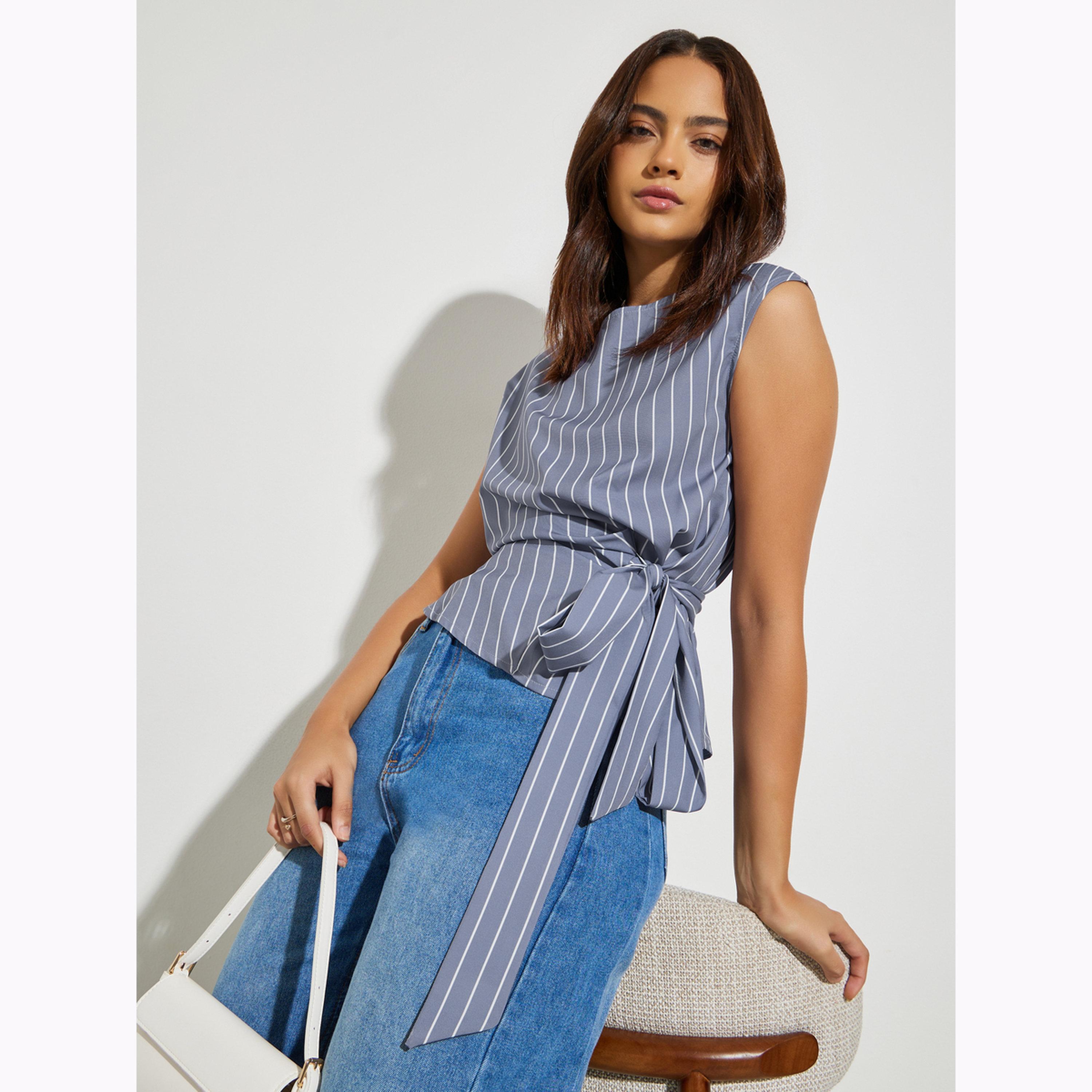 Styli Grey Striped Wrap Top with Tie-Waist-women-clothing-shirtsandblouses-blouses-image-3
