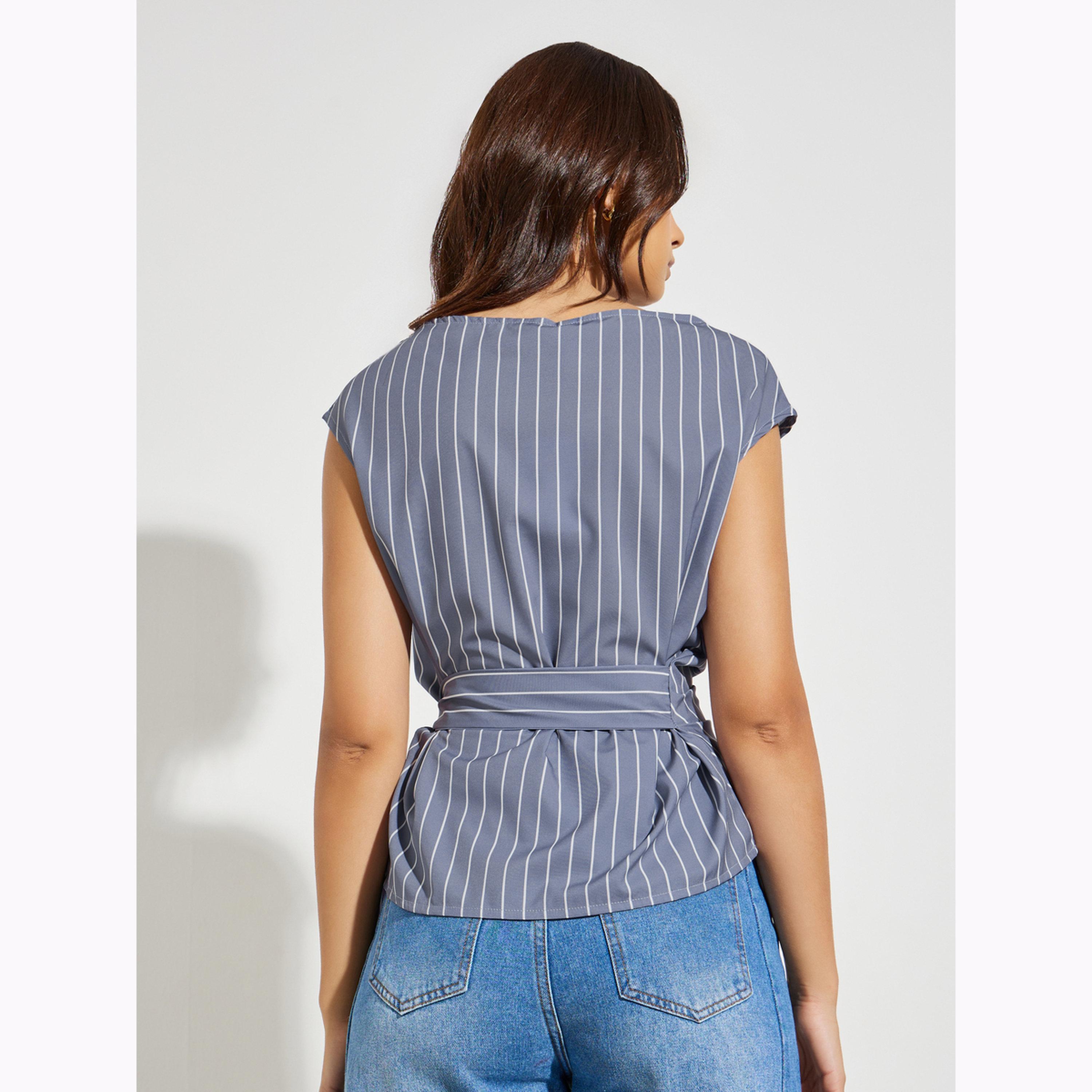 بلوزة لف مخططة برباط خصر بلون رمادي-women-clothing-shirtsandblouses-blouses-image-4