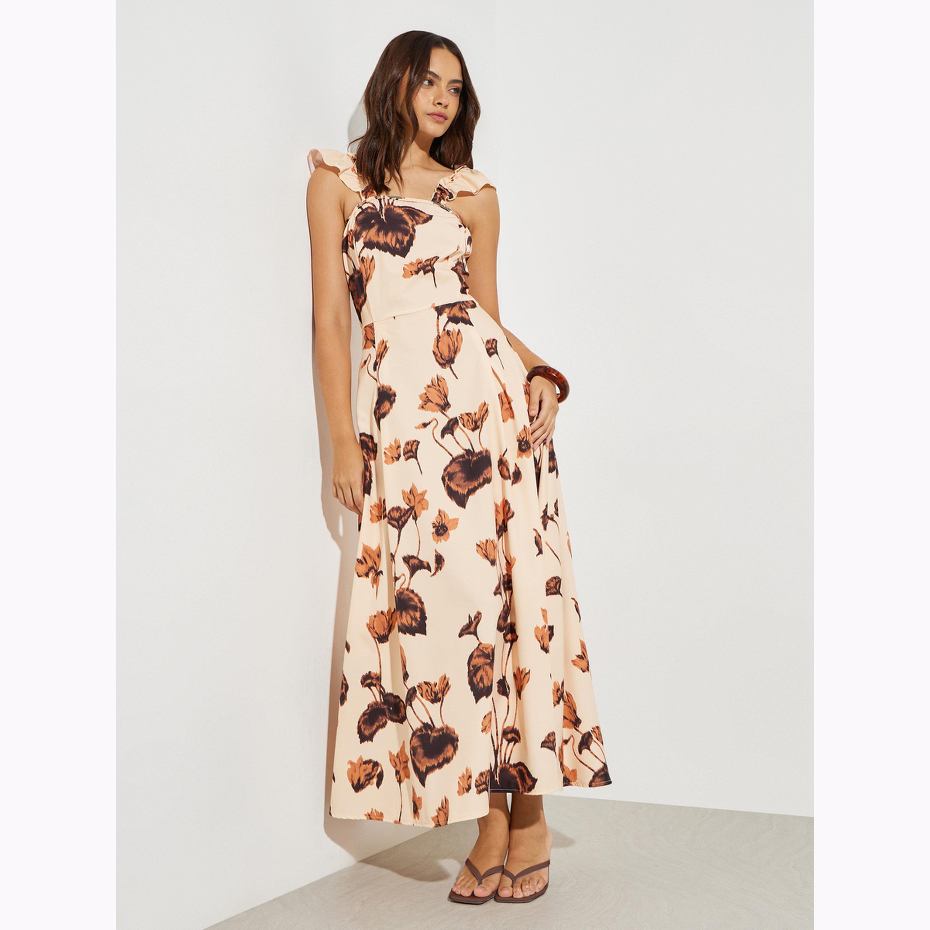 فستان طويل بطبعة زهور بلون بيج-women-clothing-dresses-image-3