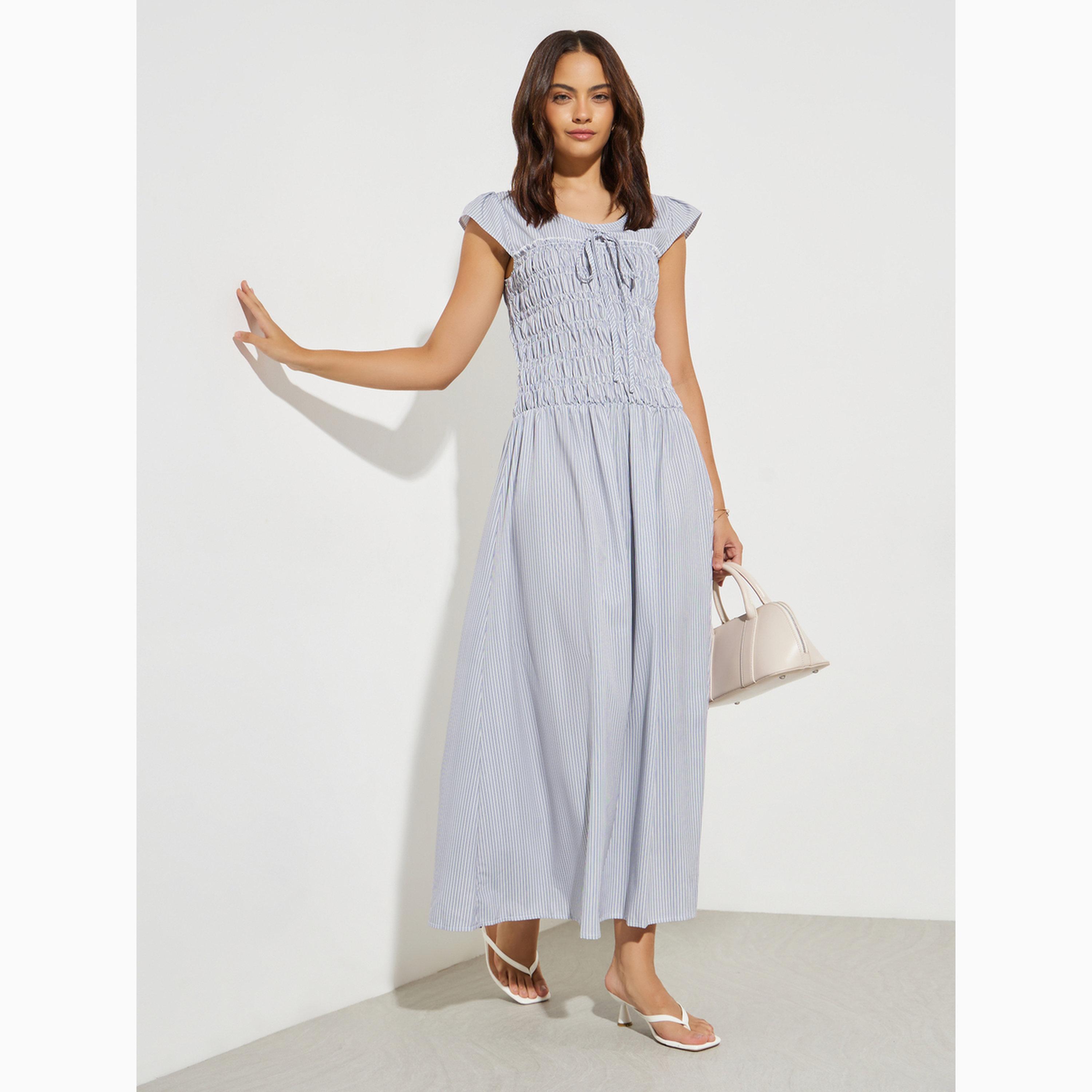 Styli Blue Striped Shirred A-Line Maxi Dress-women-clothing-dresses-image-1