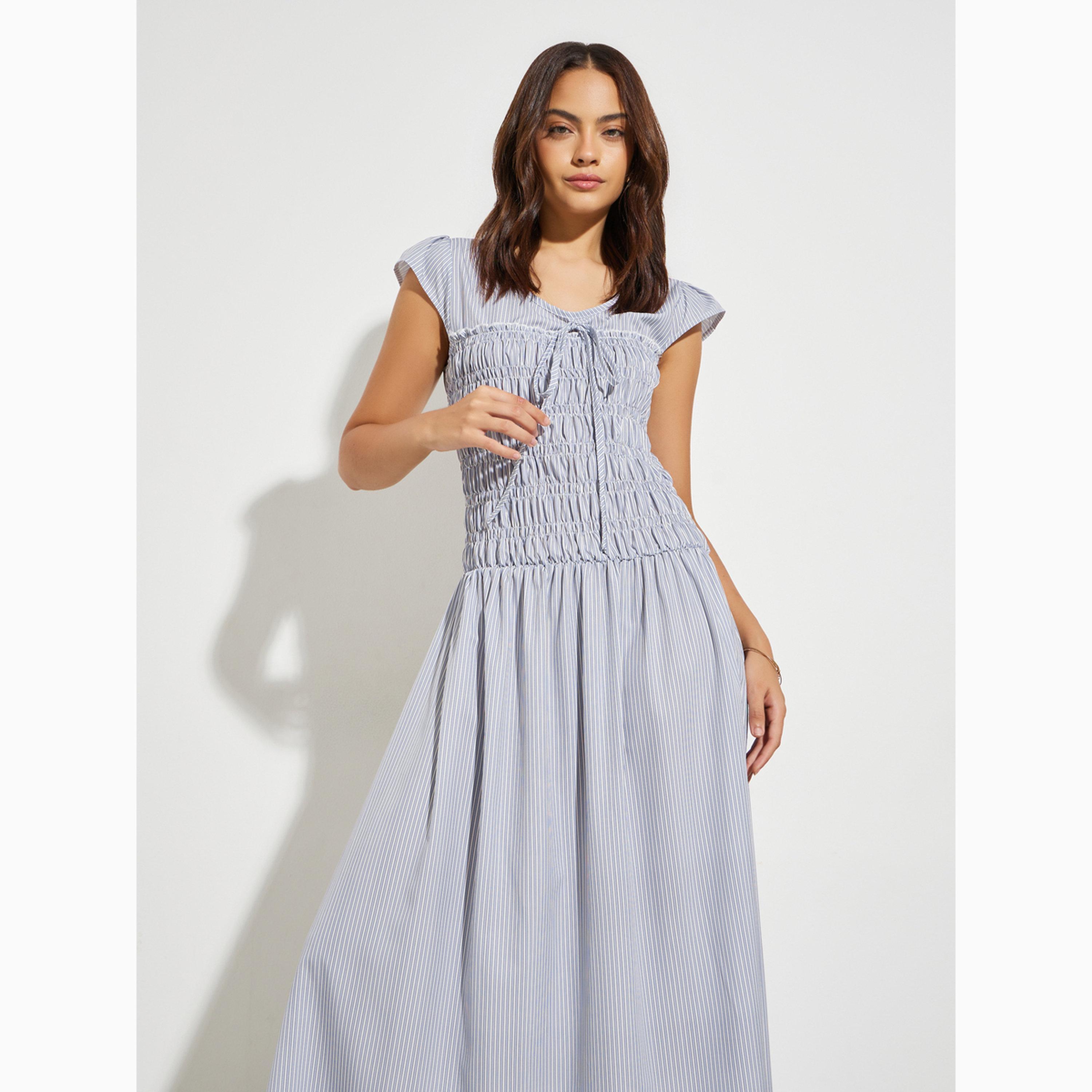 Styli Blue Striped Shirred A-Line Maxi Dress-women-clothing-dresses-image-2