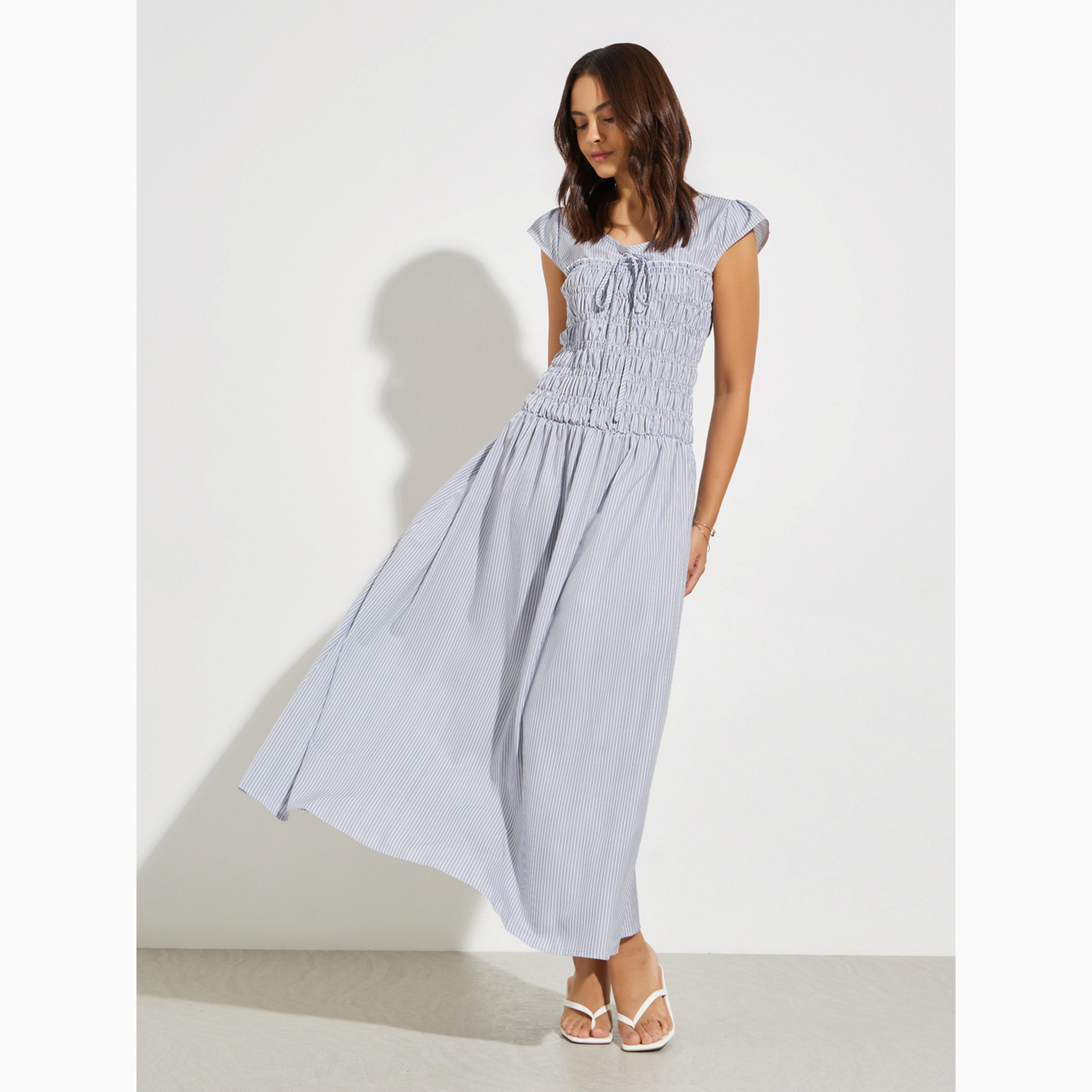 Styli Blue Striped Shirred A-Line Maxi Dress-women-clothing-dresses-image-3