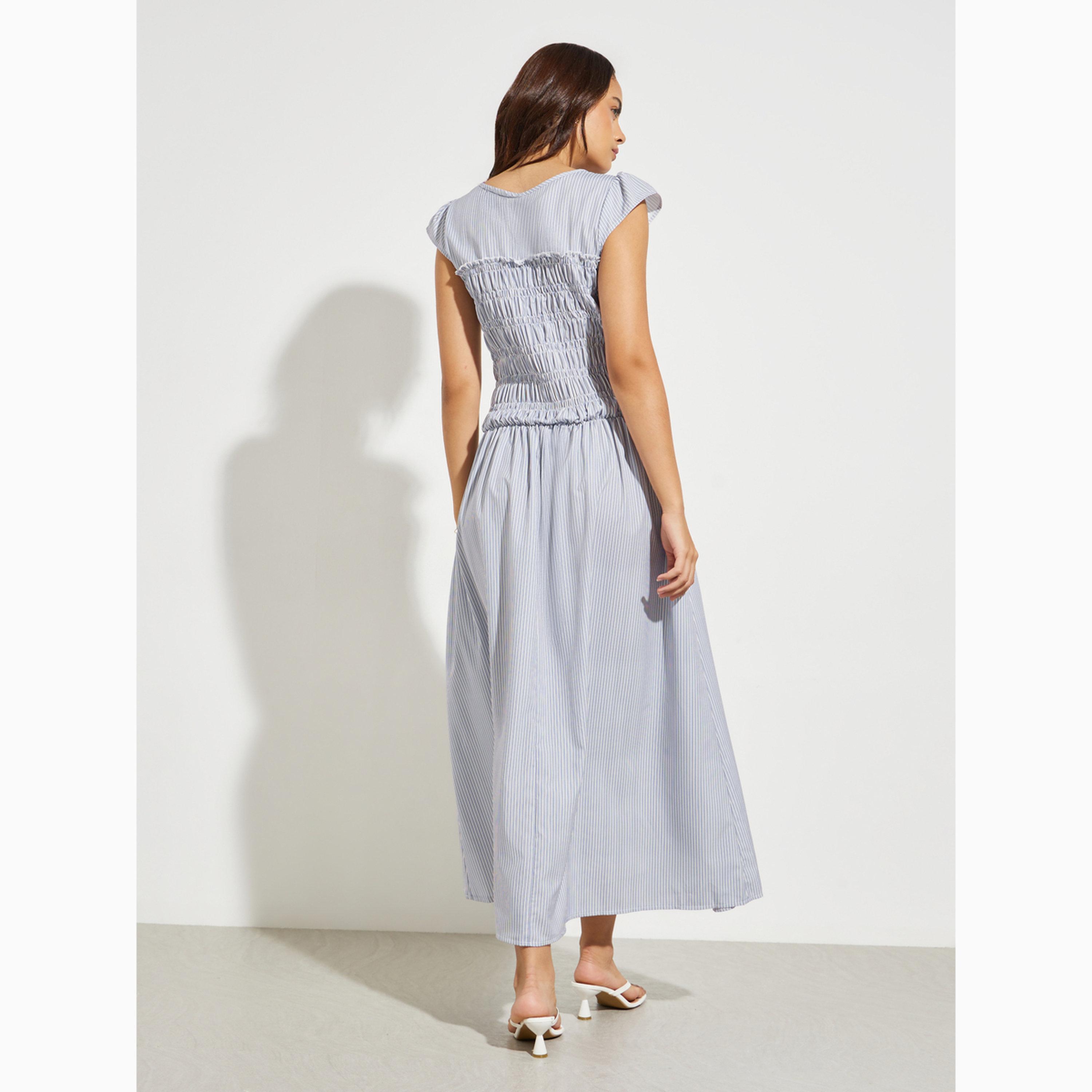 Styli Blue Striped Shirred A-Line Maxi Dress-women-clothing-dresses-image-4