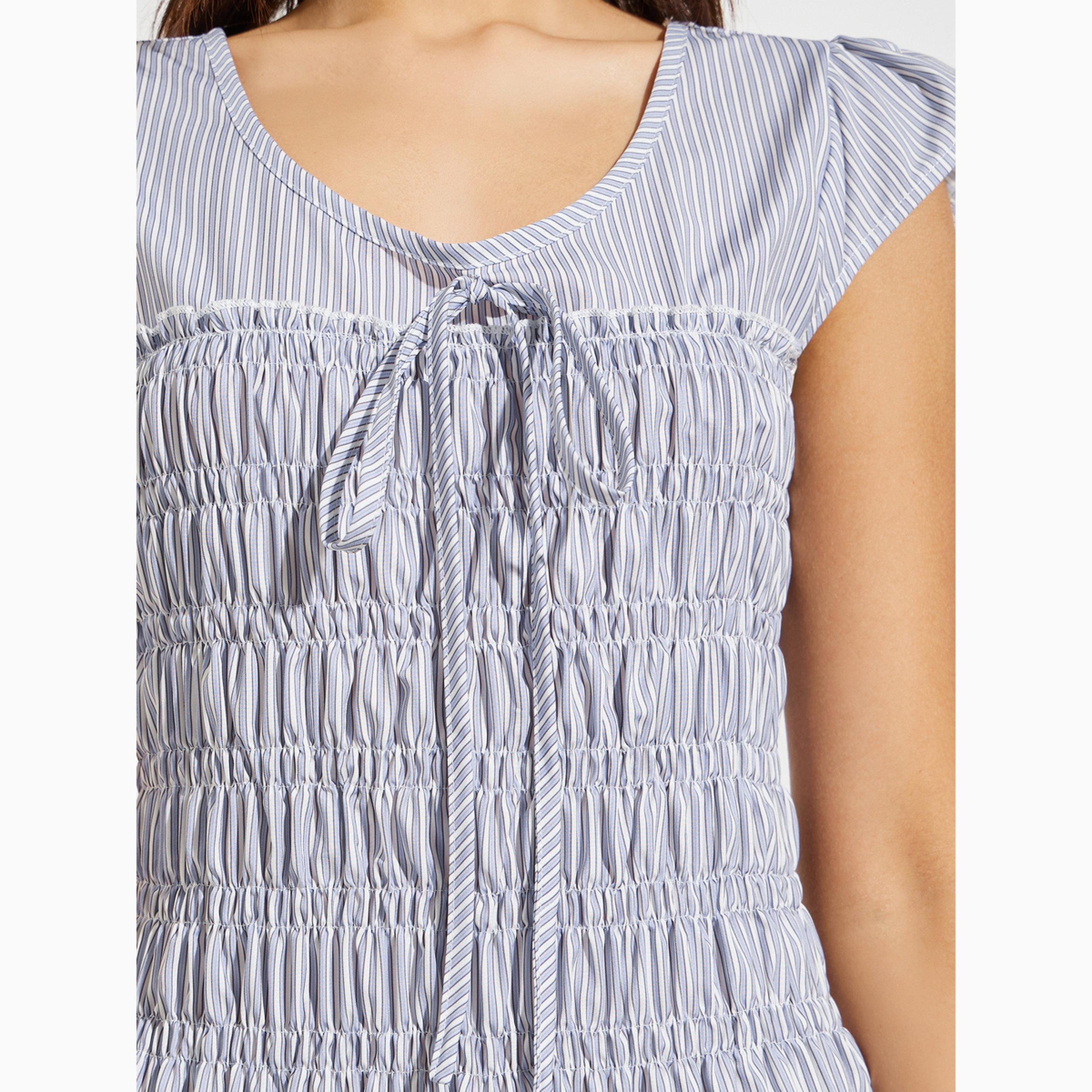 Styli Blue Striped Shirred A-Line Maxi Dress-women-clothing-dresses-image-5