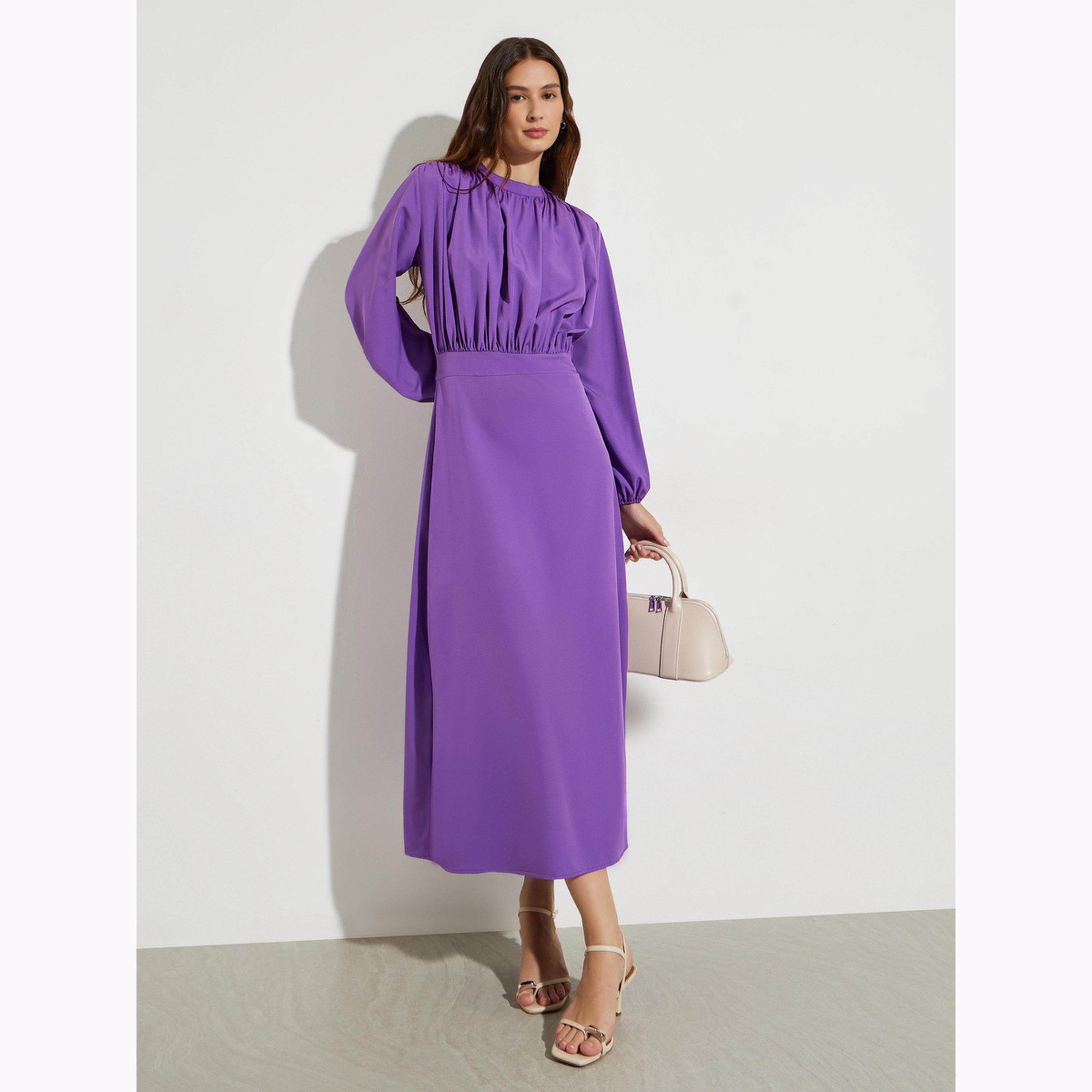 فستان ميدي بحافة واسعة وتفاصيل طيات-women-clothing-dresses-image-1