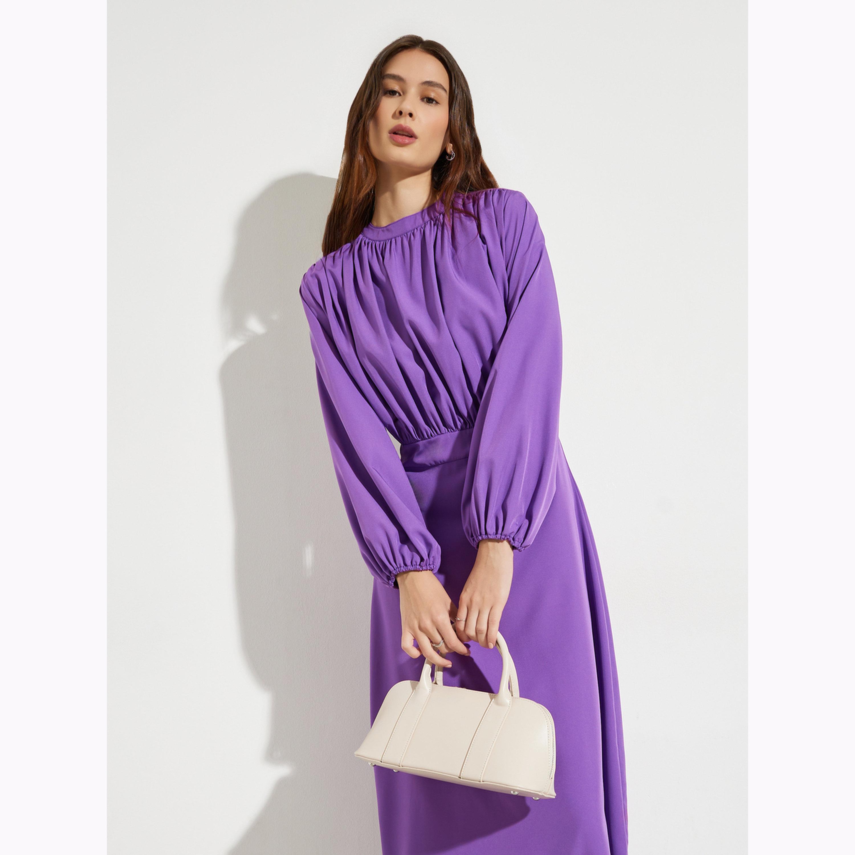 فستان ميدي بحافة واسعة وتفاصيل طيات-women-clothing-dresses-image-2