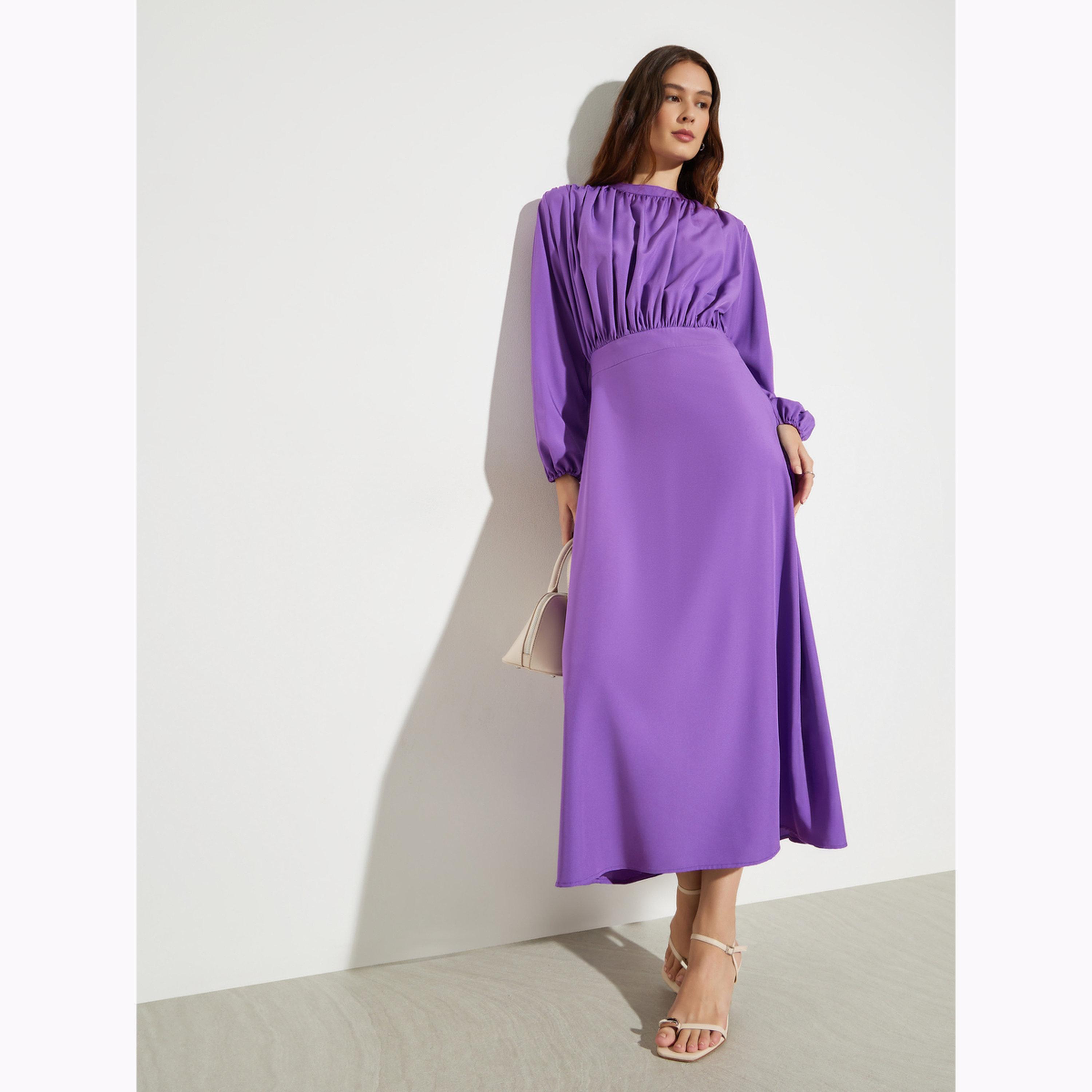 Styli Purple Fold Pleat Yoke A-Line Midi Dress-women-clothing-dresses-image-3
