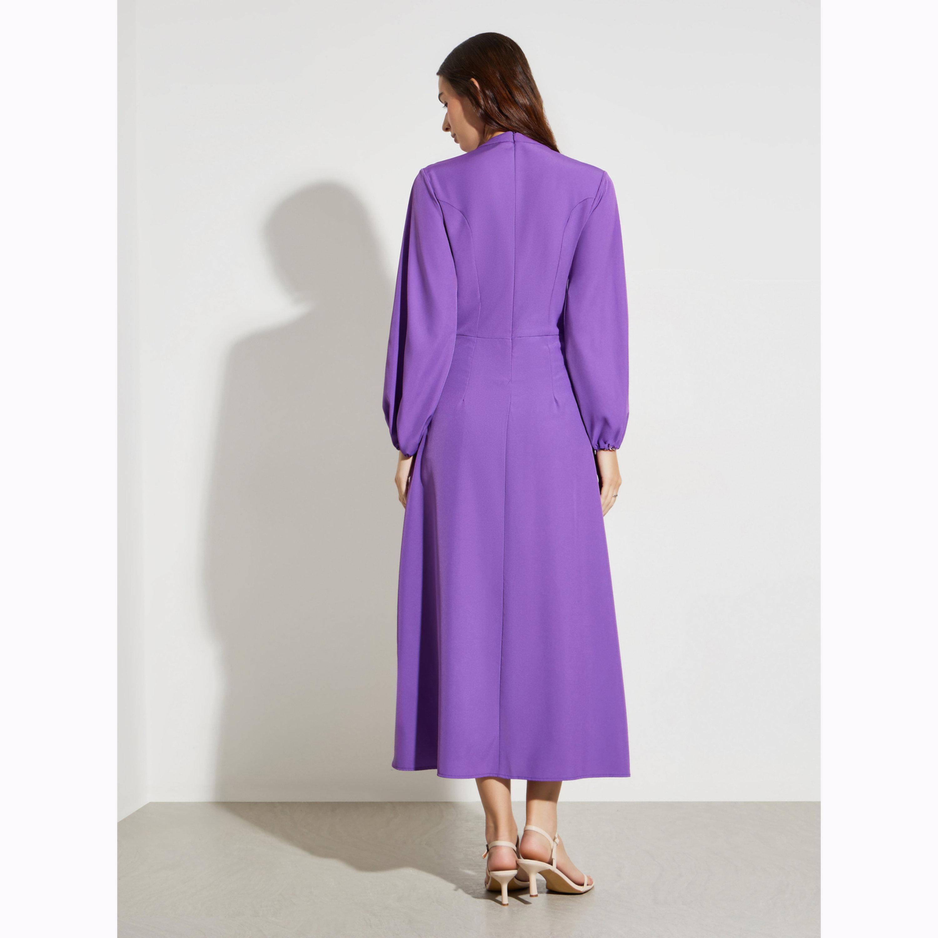 فستان ميدي بحافة واسعة وتفاصيل طيات-women-clothing-dresses-image-4
