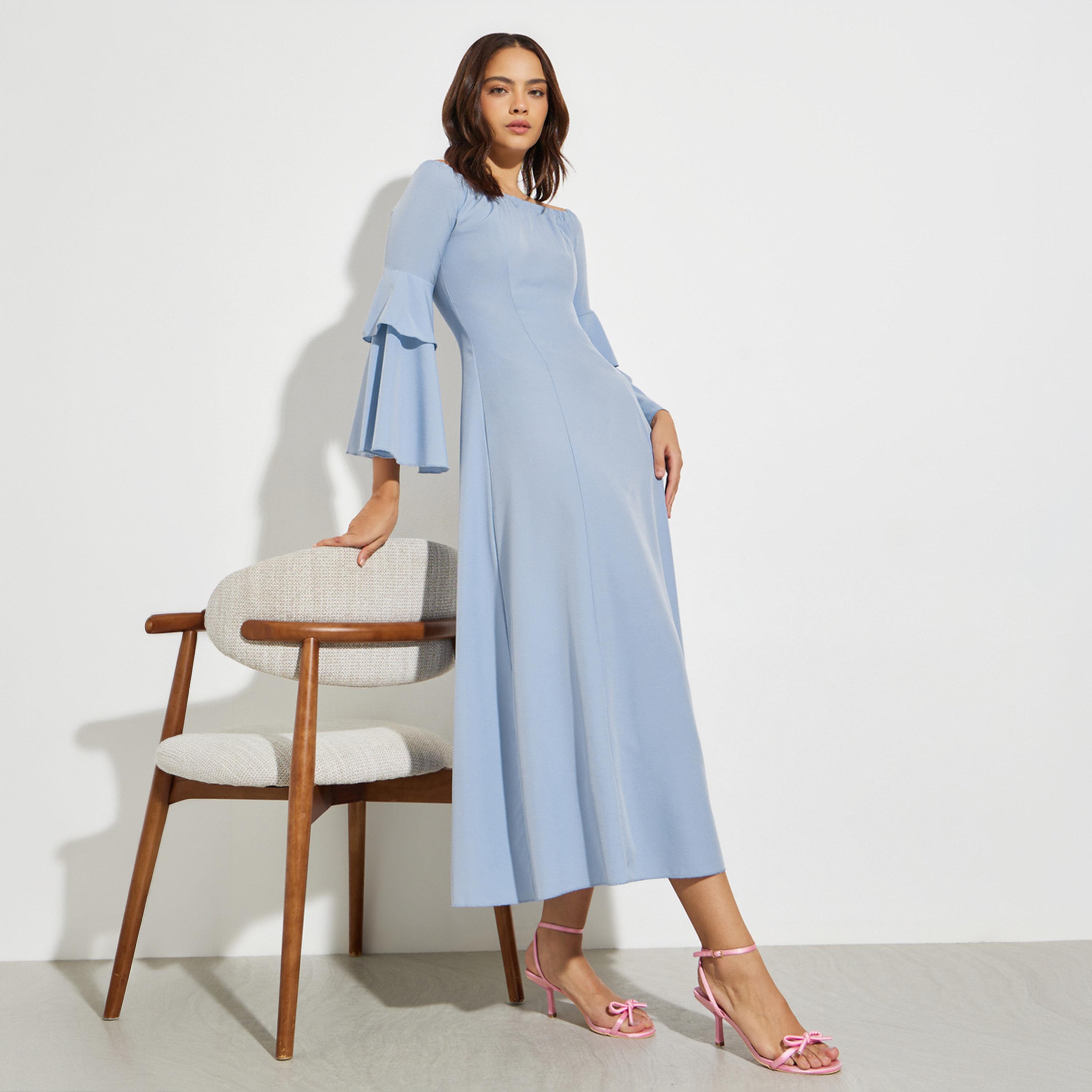 فستان ميدي بحافة واسعة وأكمام جرس بلون أزرق-women-clothing-dresses-image-1