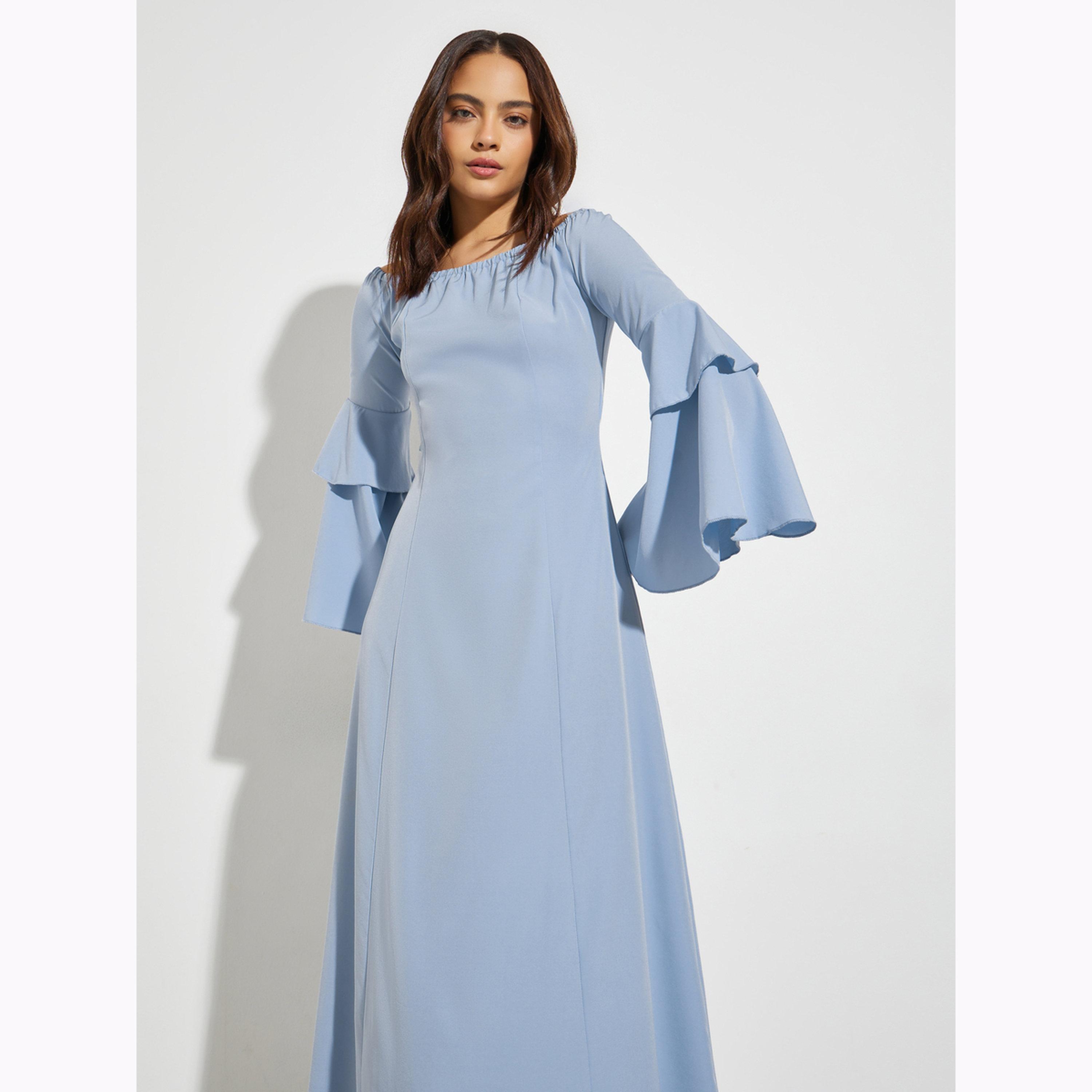 فستان ميدي بحافة واسعة وأكمام جرس بلون أزرق-women-clothing-dresses-image-2