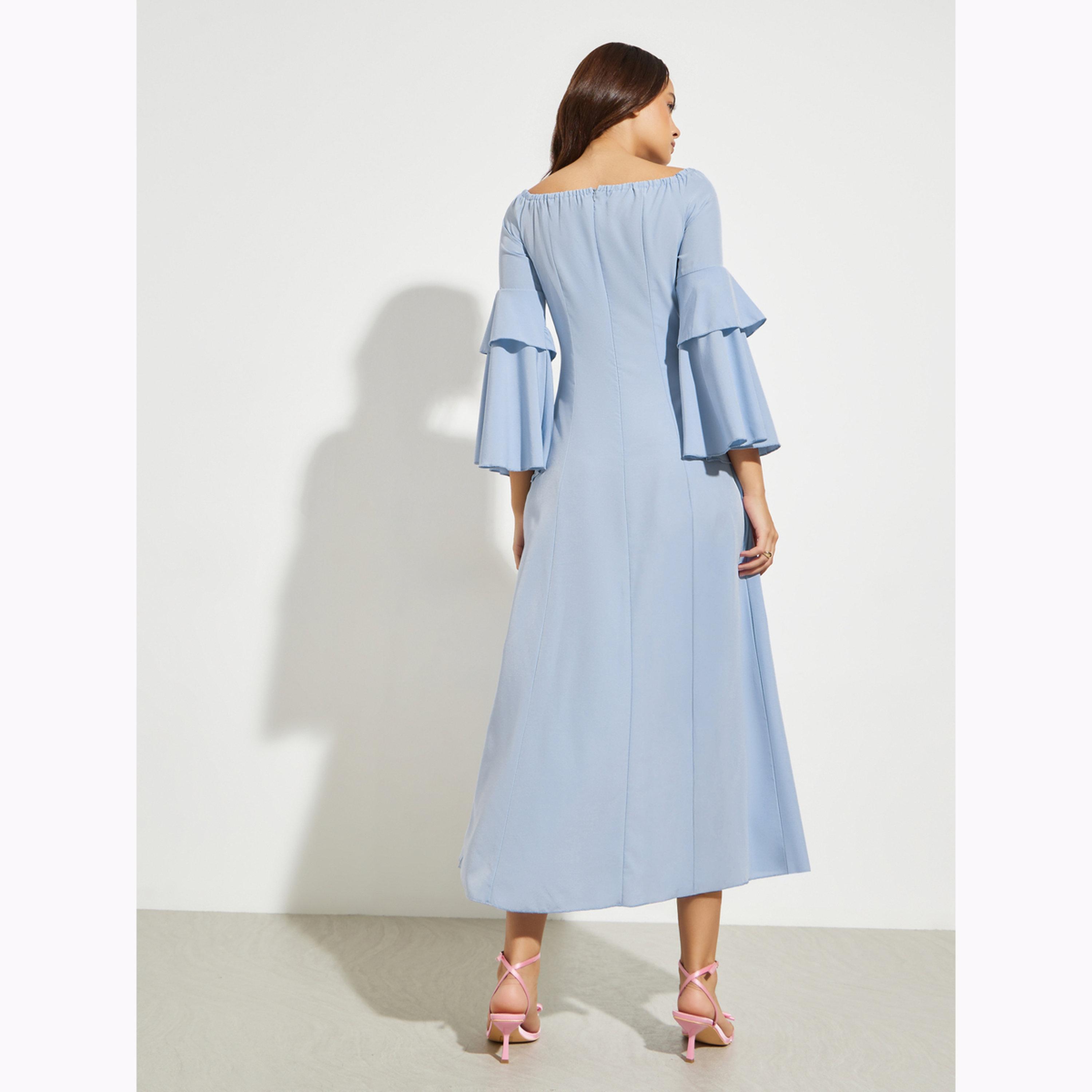 Styli Blue A-Line Midi Dress with Bell Sleeves-women-clothing-dresses-image-3