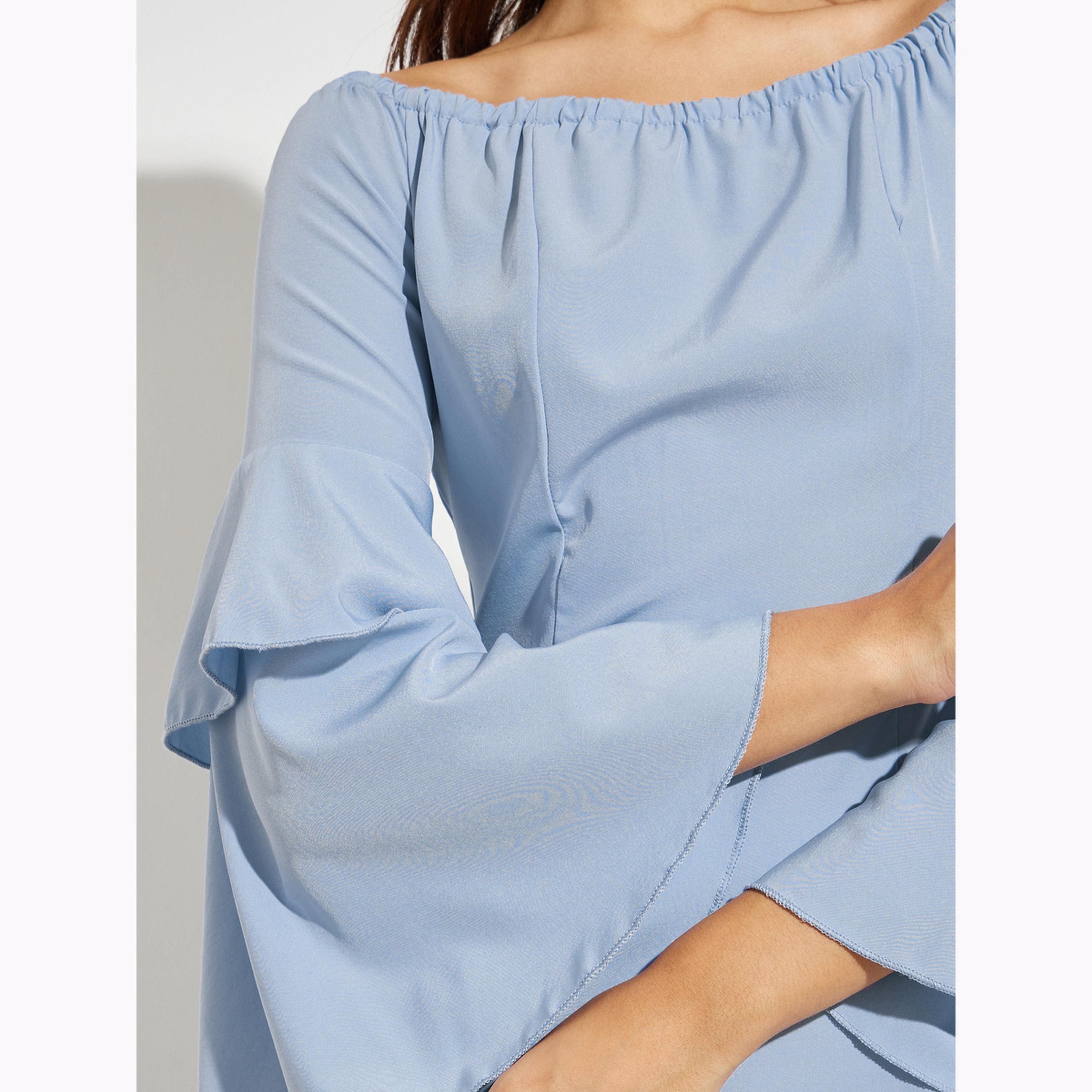 فستان ميدي بحافة واسعة وأكمام جرس بلون أزرق-women-clothing-dresses-image-4