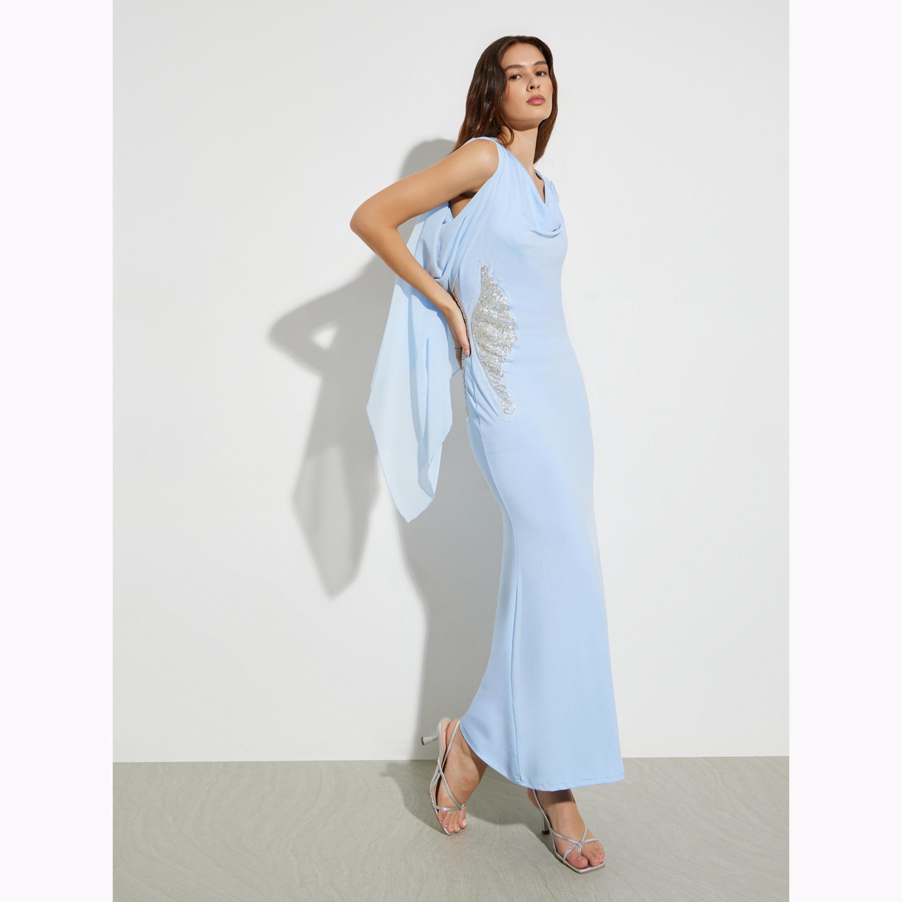 Styli Blue Draped Sleeve Embellished Maxi Dress-women-clothing-dresses-image-3
