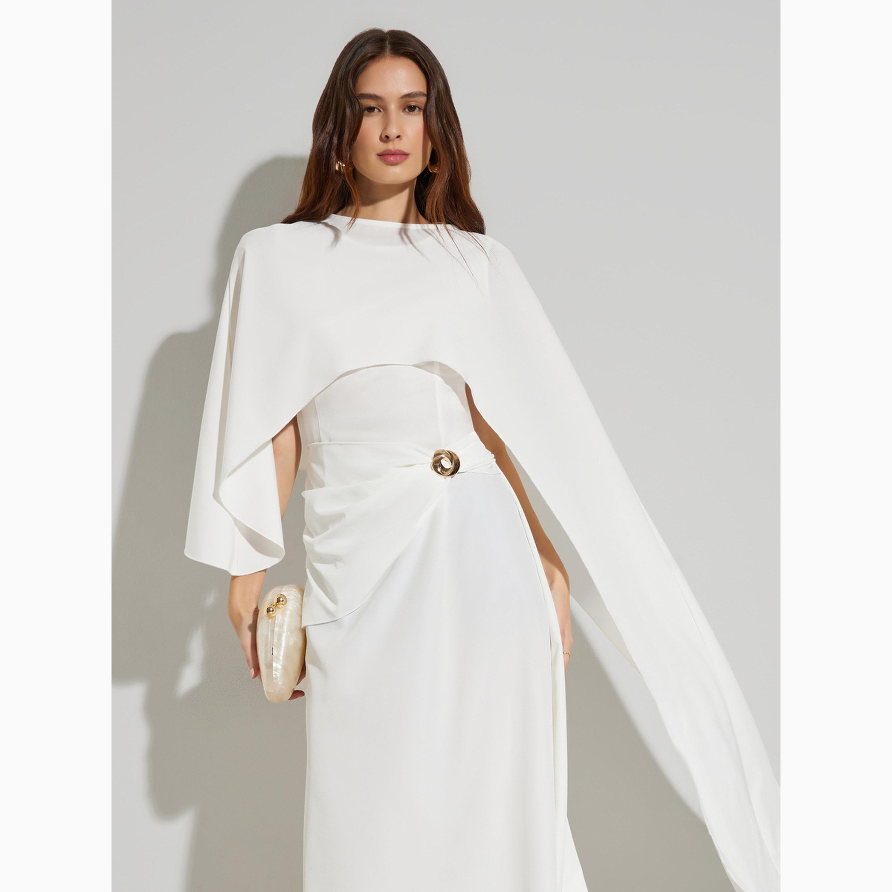 Styli White Cape Sleeve A-Line Midi Dress-women-clothing-dresses-image-2