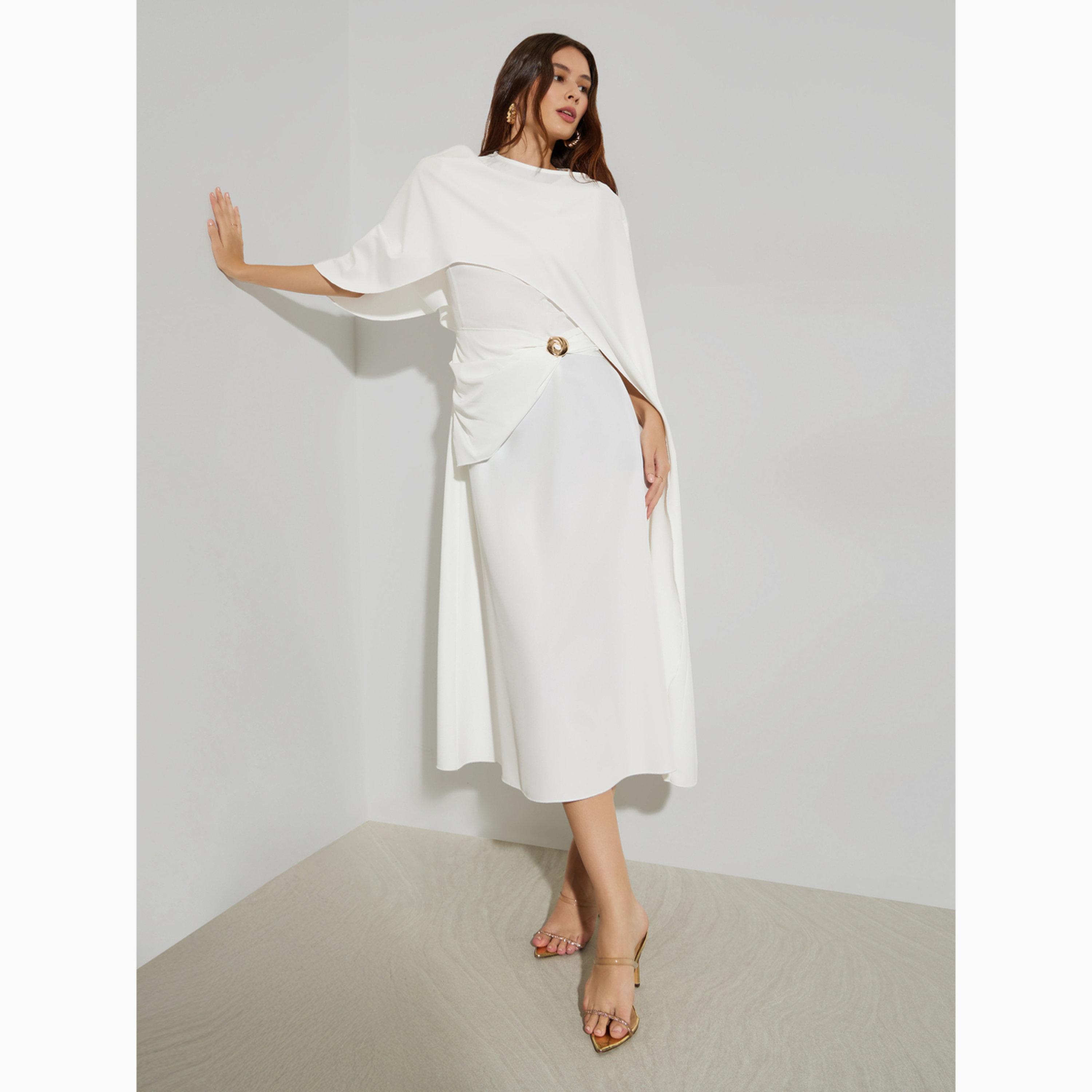 Styli White Cape Sleeve A-Line Midi Dress-women-clothing-dresses-image-3