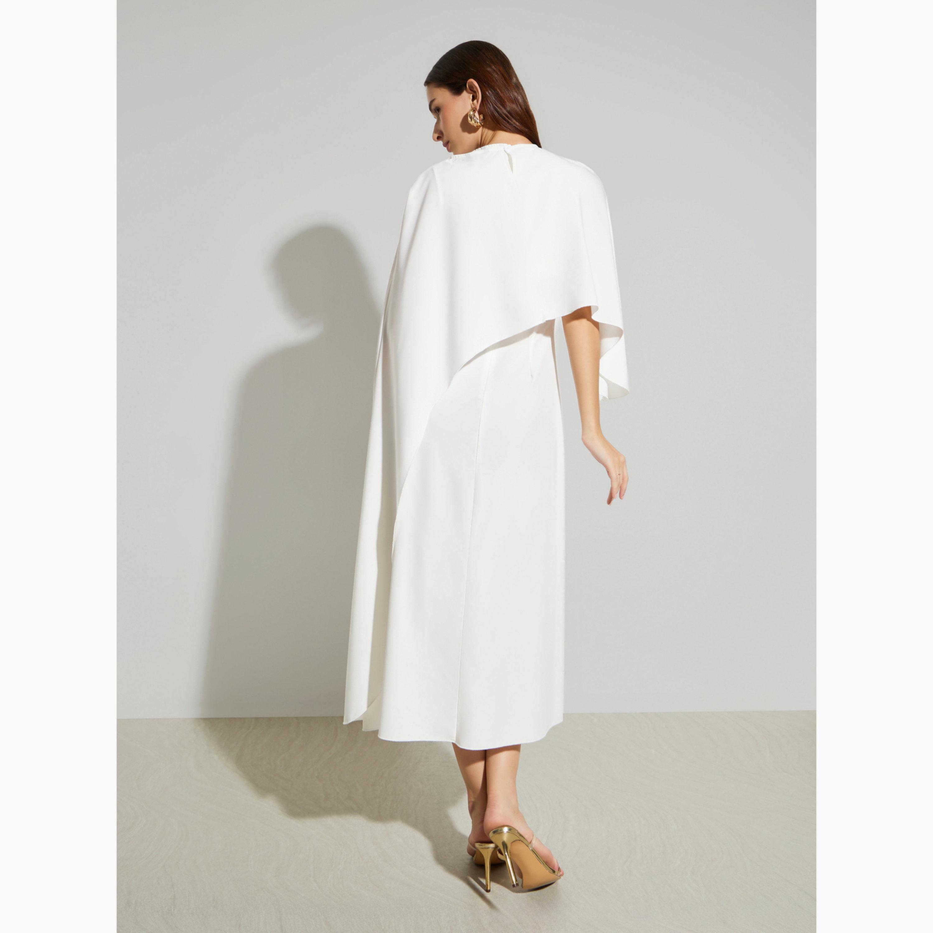 Styli White Cape Sleeve A-Line Midi Dress-women-clothing-dresses-image-4