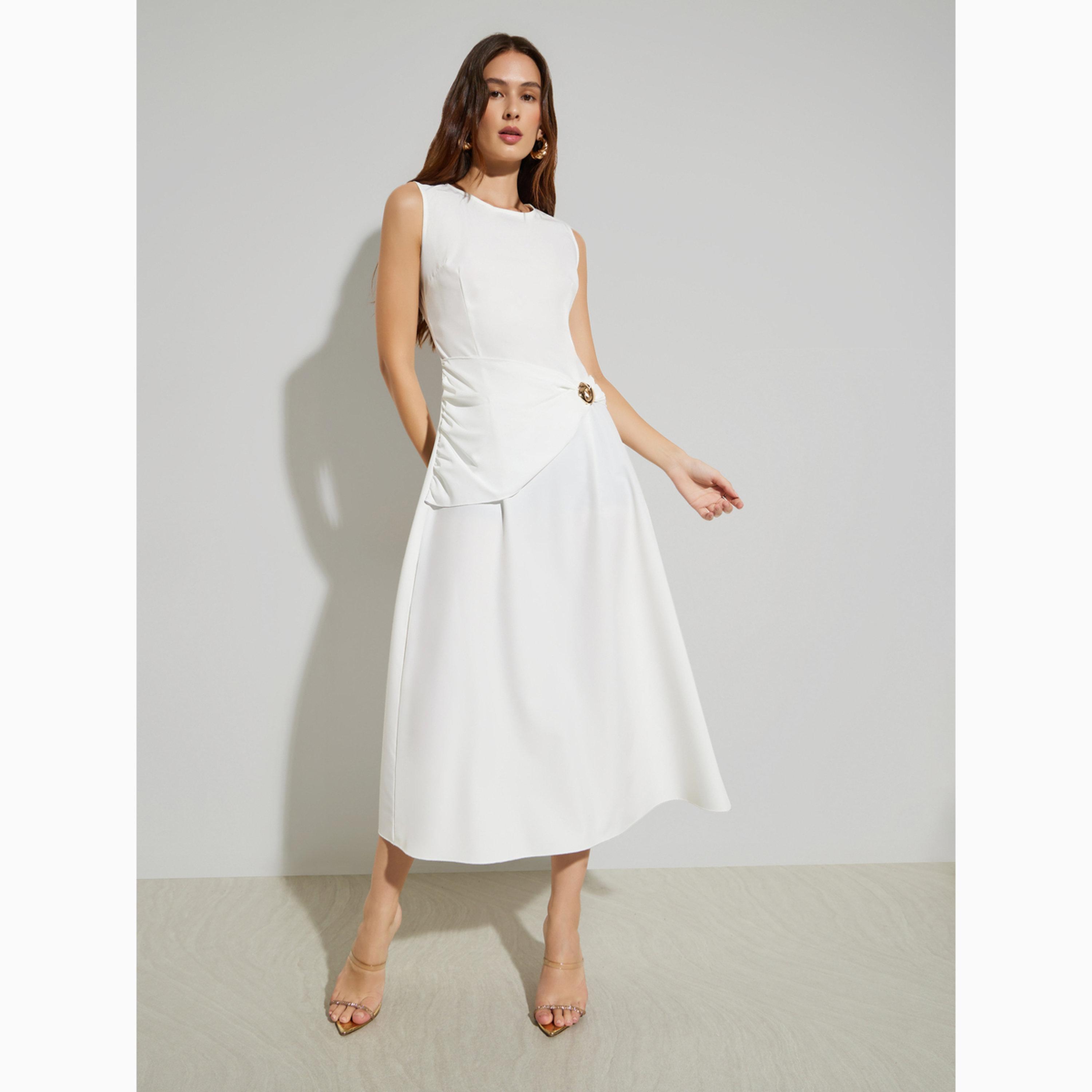 Styli White Cape Sleeve A-Line Midi Dress-women-clothing-dresses-image-5
