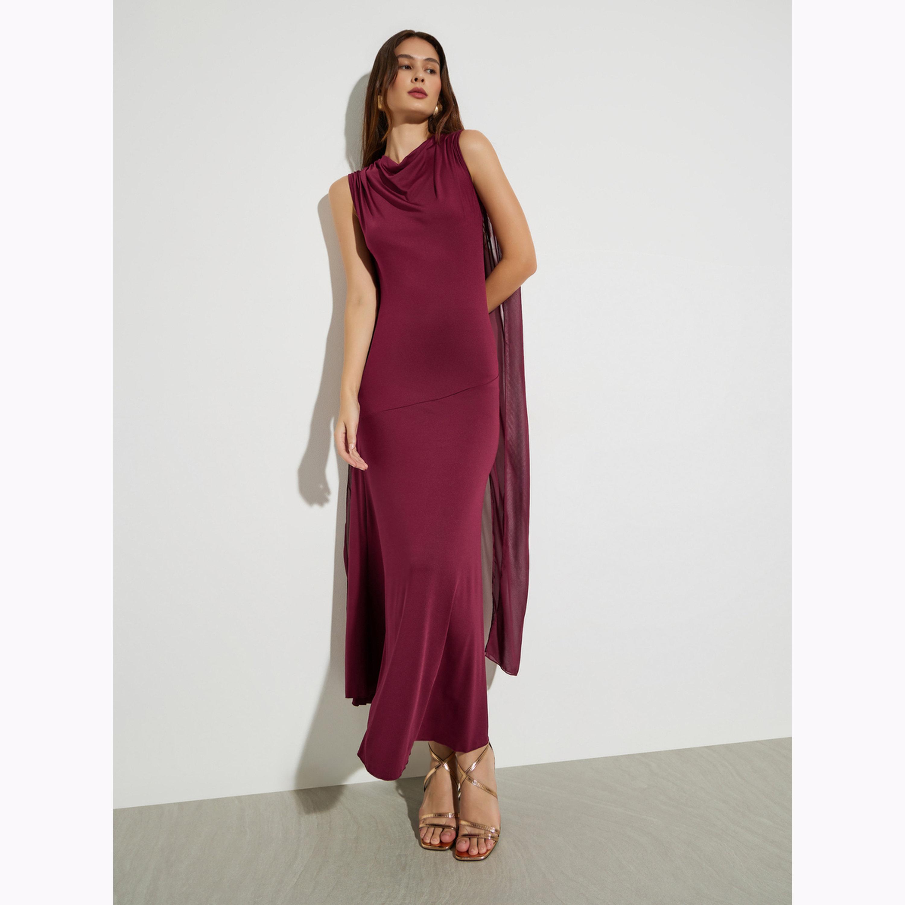 Styli Burgundy Cowl Neck Draped Detail Maxi Dress-women-clothing-dresses-image-1