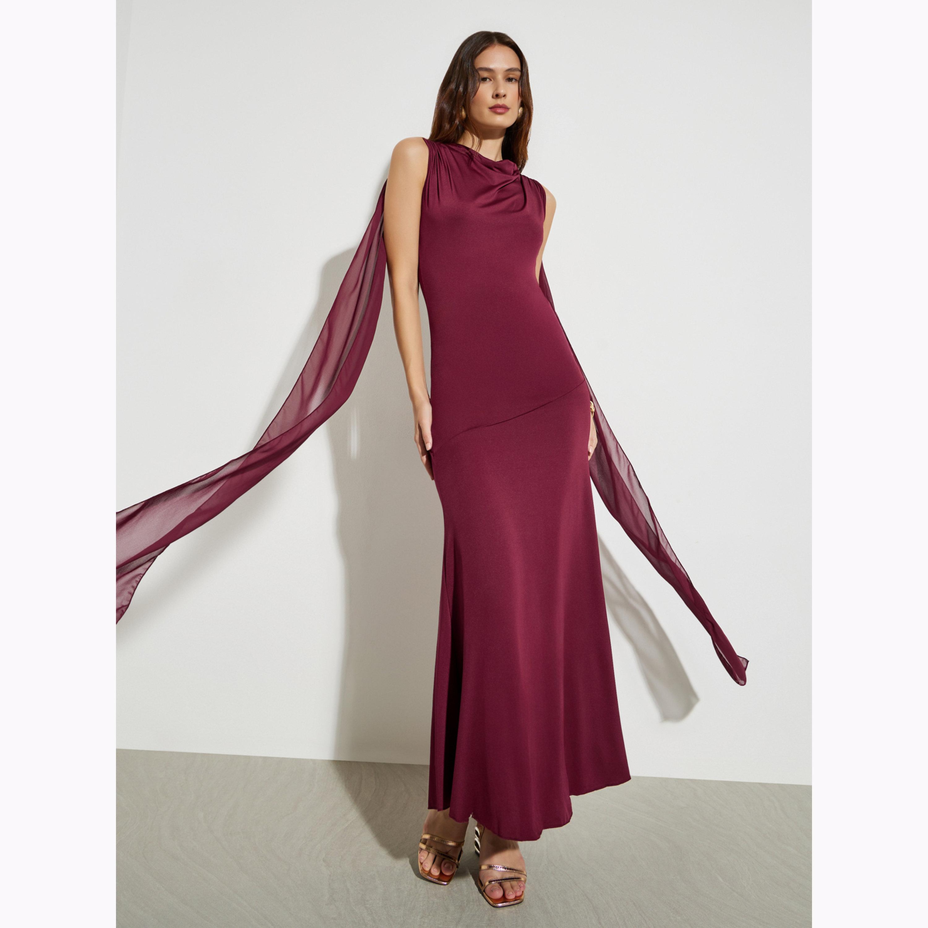 فستان طويل بتفاصيل درابيه وياقة منسدلة-women-clothing-dresses-image-3