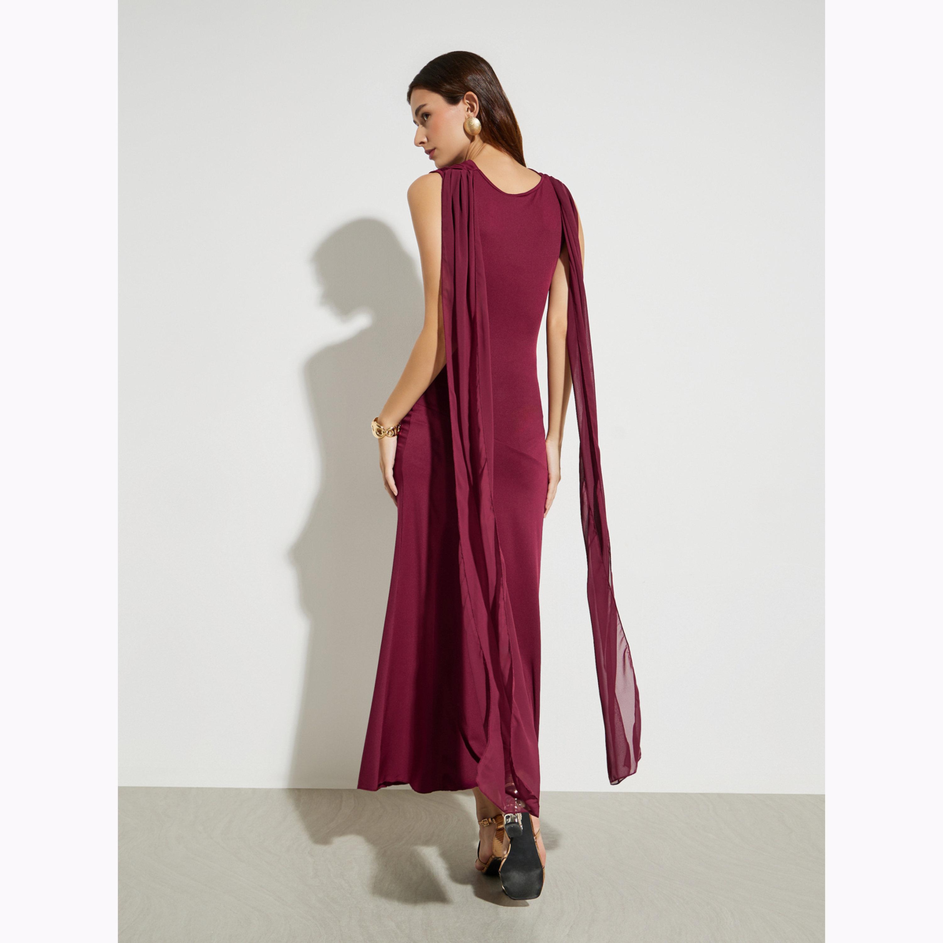 Styli Burgundy Cowl Neck Draped Detail Maxi Dress-women-clothing-dresses-image-4