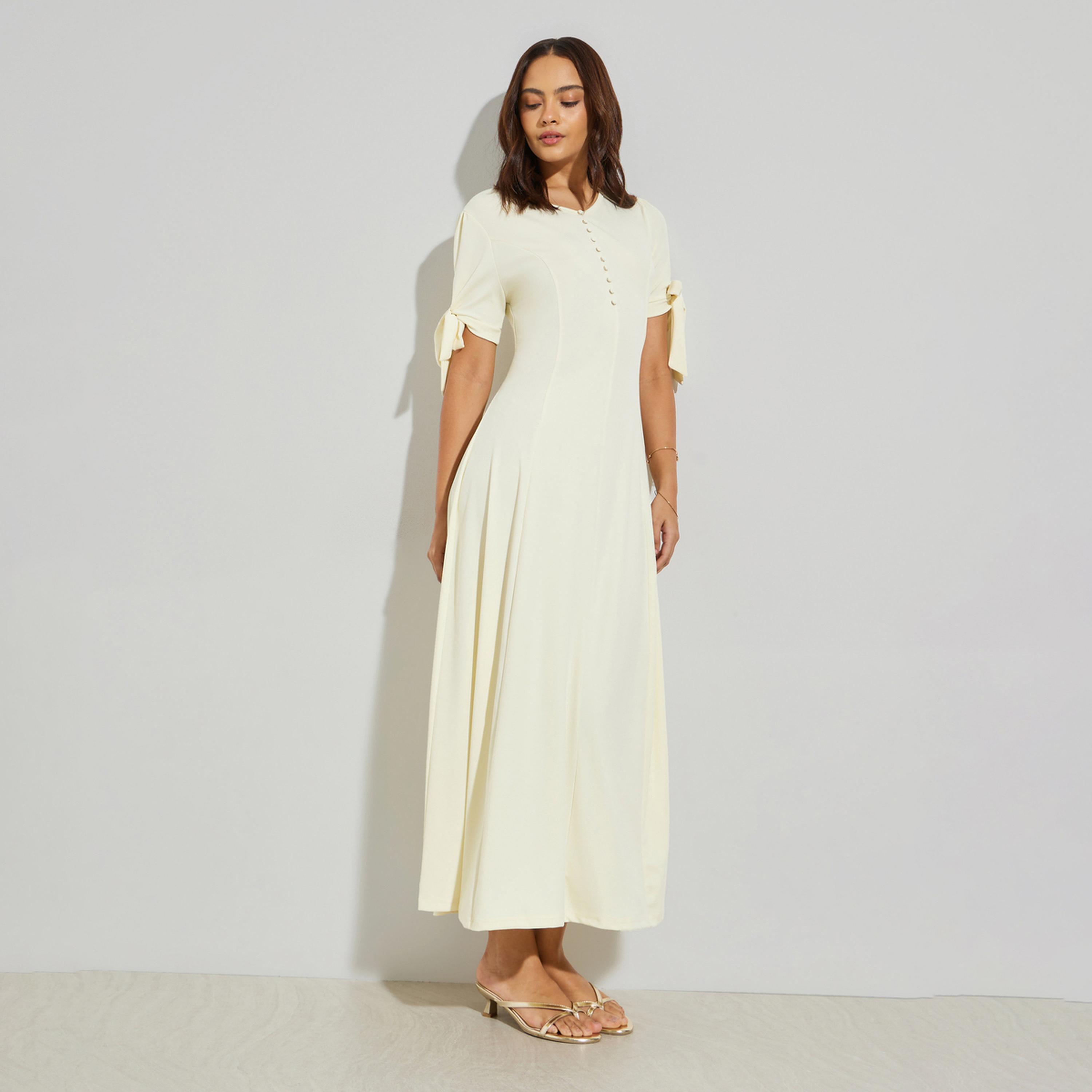فستان طويل سادة بأكمام ربط-women-clothing-dresses-image-1