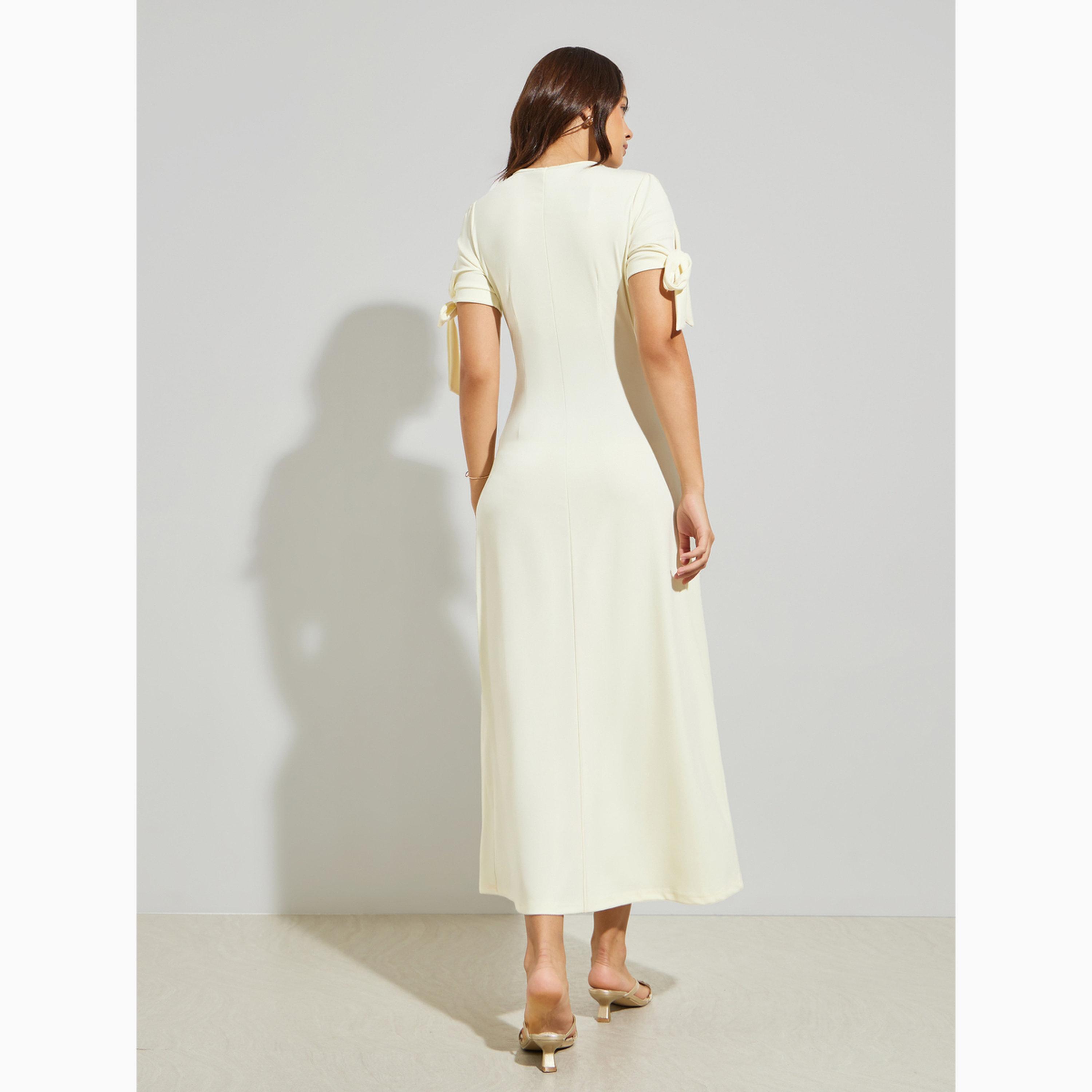 Styli Yellow Solid Maxi Dress with Tie Sleeves-women-clothing-dresses-image-4