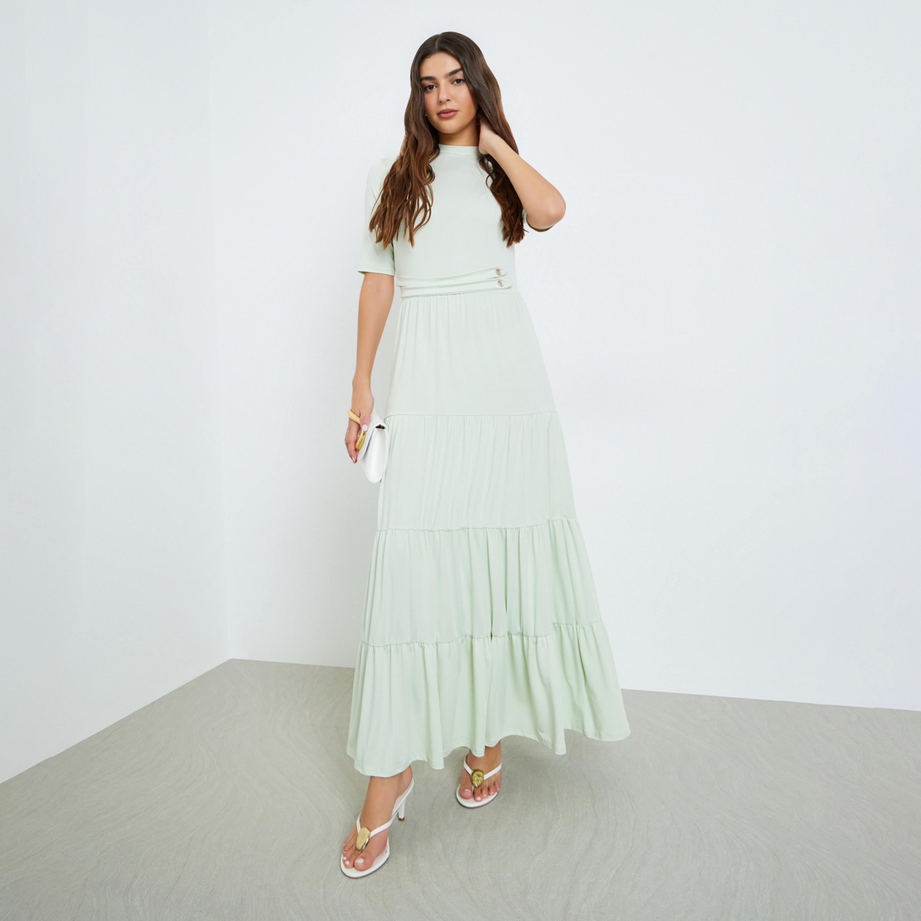 Styli Green Tiered Maxi Dress with Short Sleeves-women-clothing-dresses-image-1