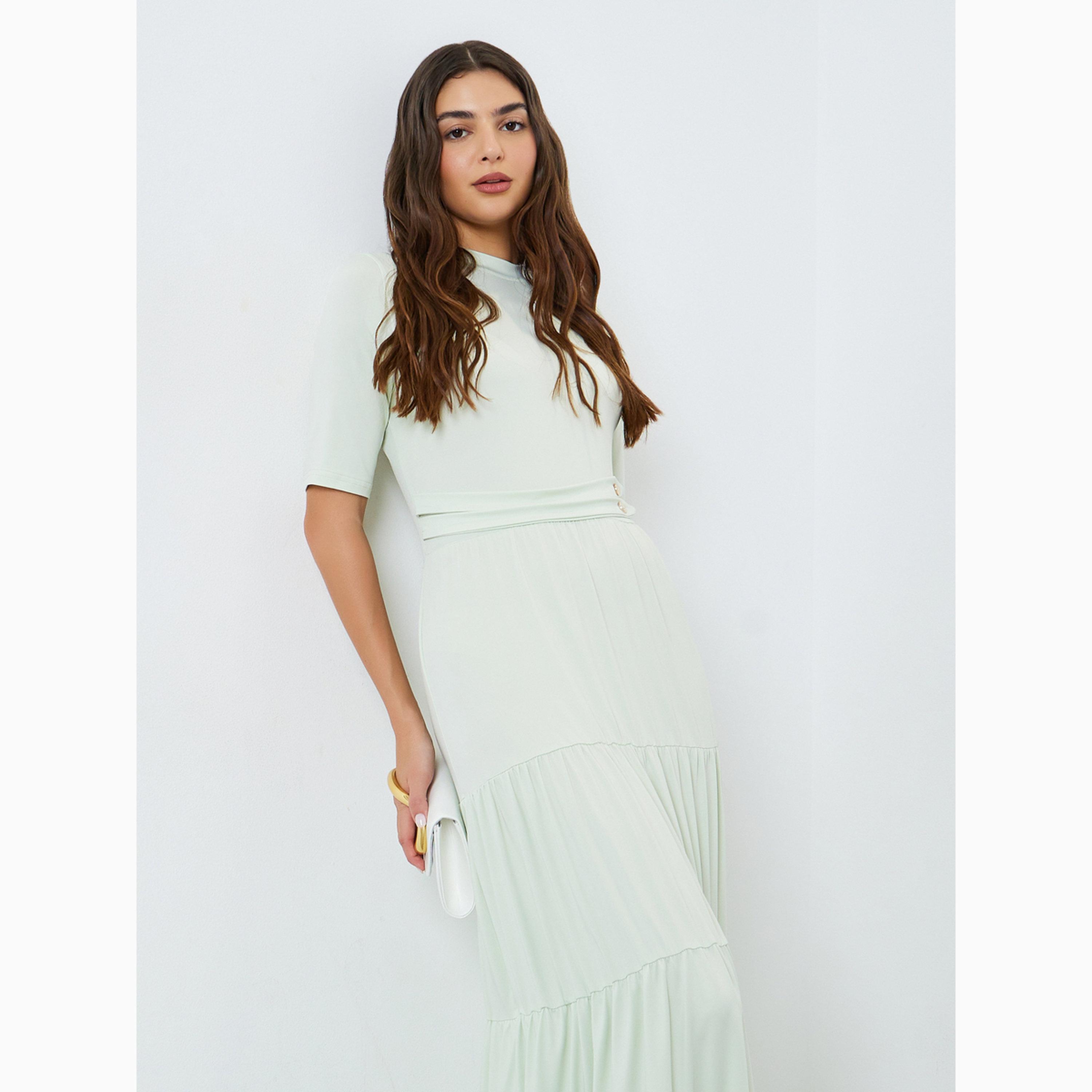 Styli Green Tiered Maxi Dress with Short Sleeves-women-clothing-dresses-image-2