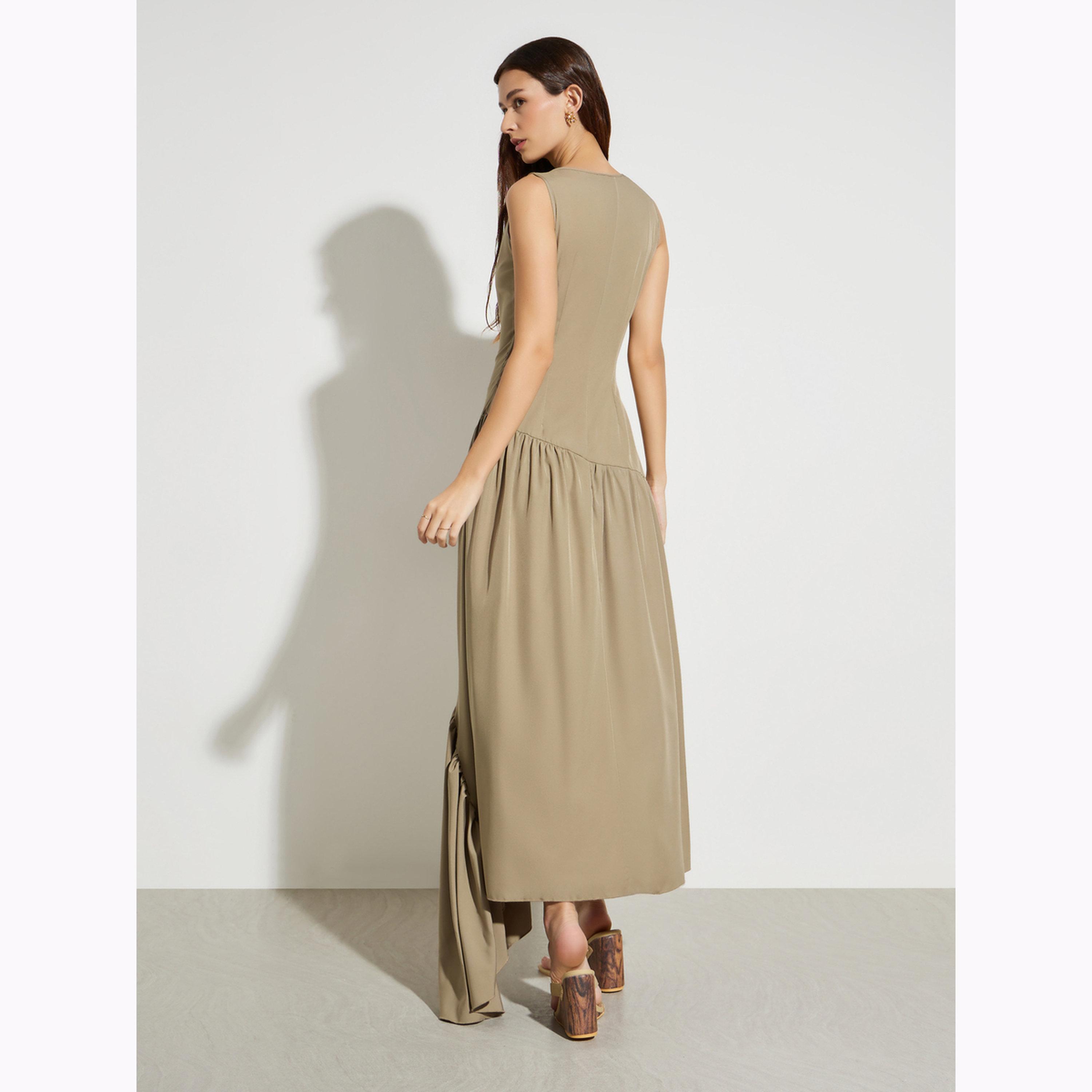 Styli Khaki Asymmetric Hem Sleeveless Maxi Dress-women-clothing-dresses-image-4
