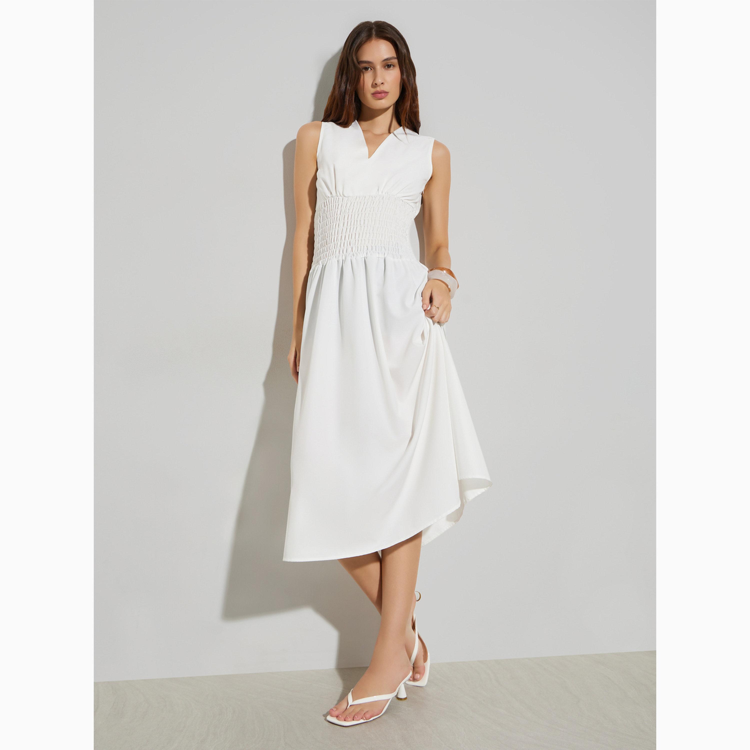 فستان ميدي بحافة واسعة وتفاصيل مزمومة-women-clothing-dresses-image-1