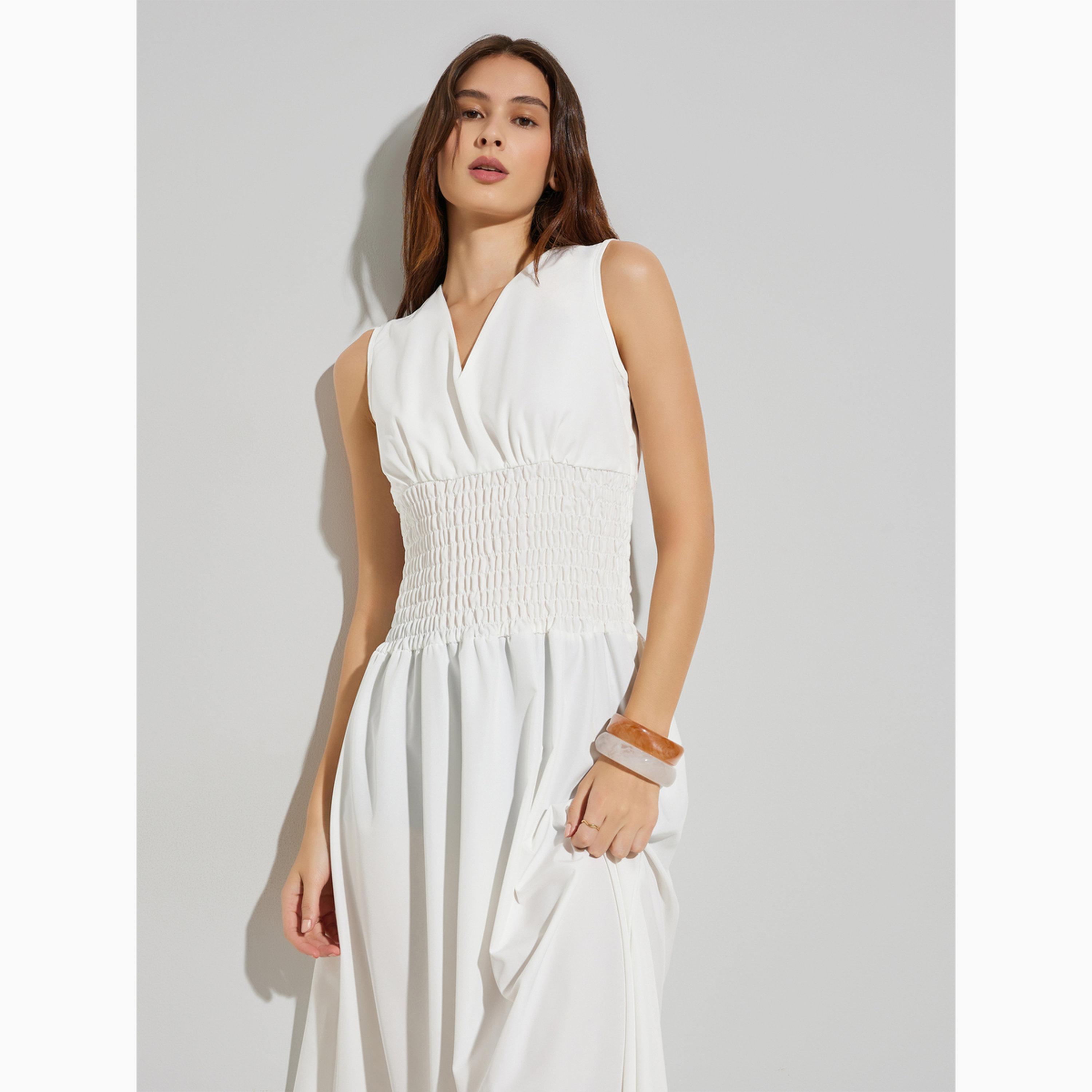 Styli White V Neck Gathered A-Line Midi Dress-women-clothing-dresses-image-2