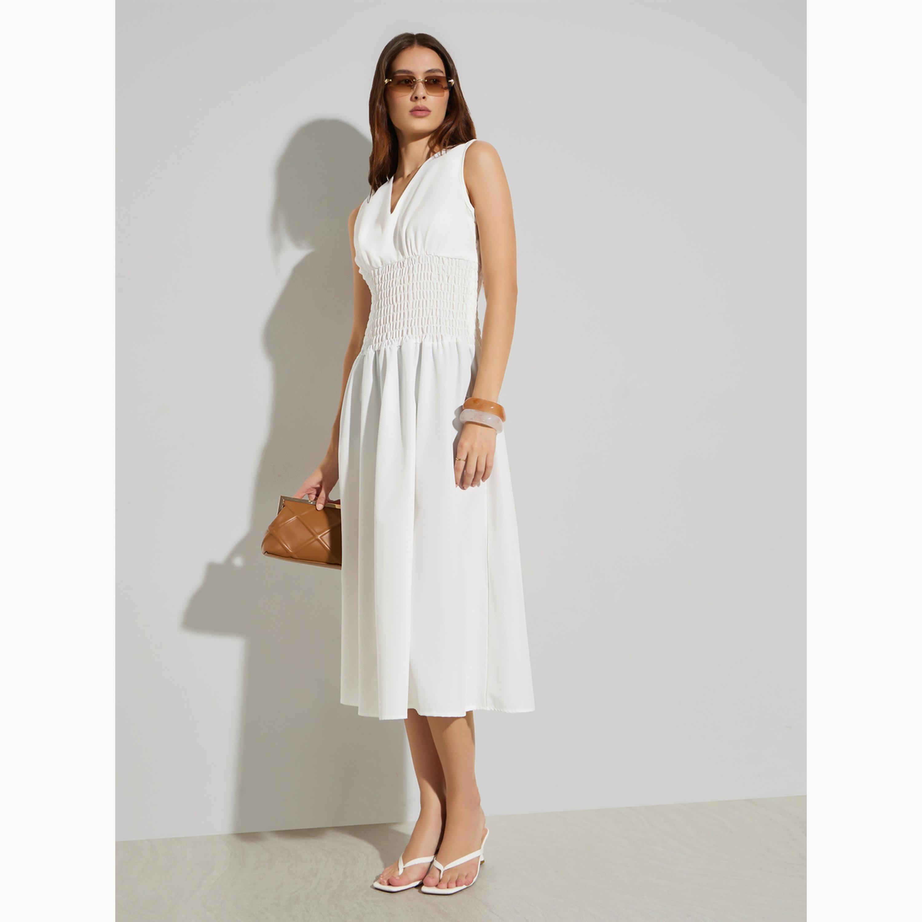 Styli White V Neck Gathered A-Line Midi Dress-women-clothing-dresses-image-3