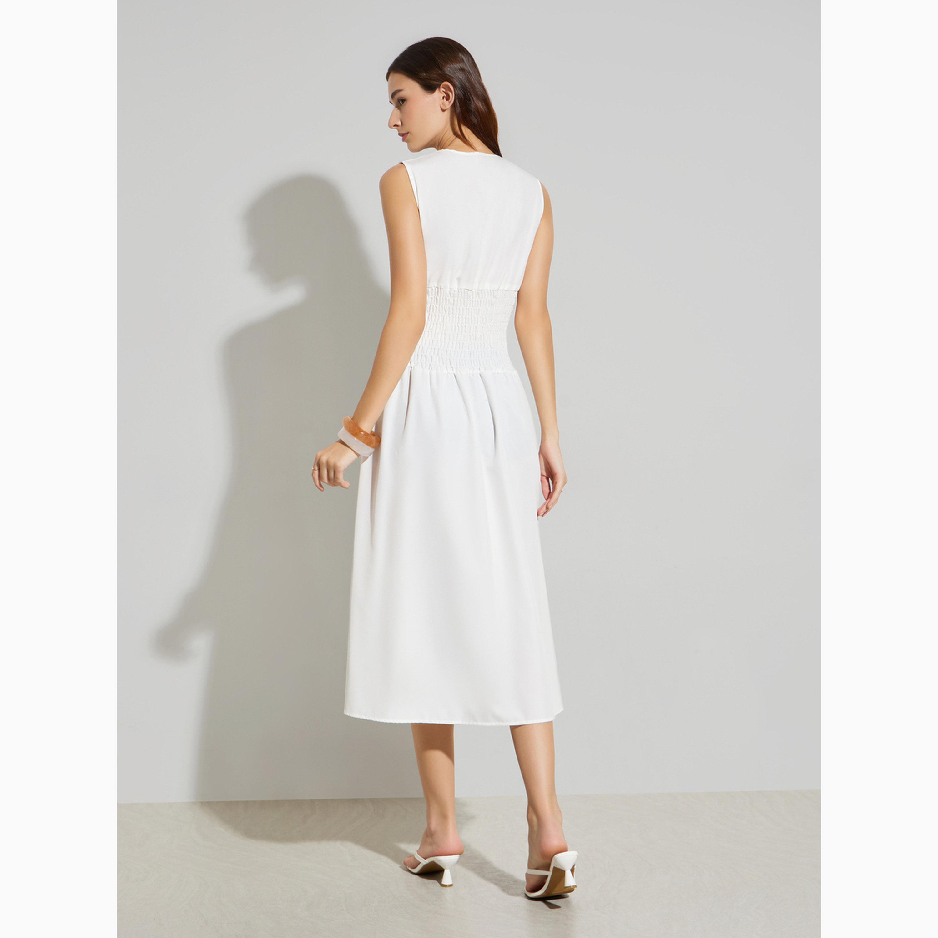 فستان ميدي بحافة واسعة وتفاصيل مزمومة-women-clothing-dresses-image-4